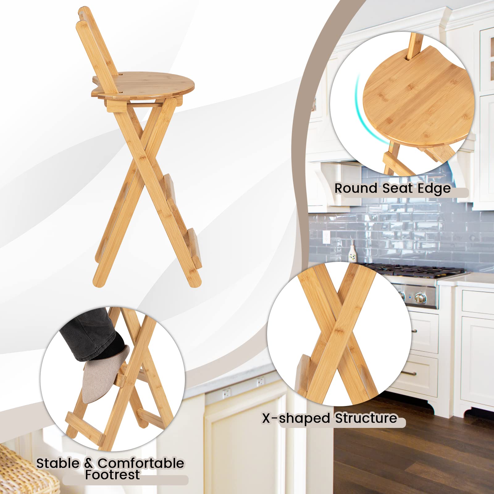 Folding Bamboo Bar Stools Set of 2/4, 24-inch Kitchen Counter Height Stools with Backrest and Footrest