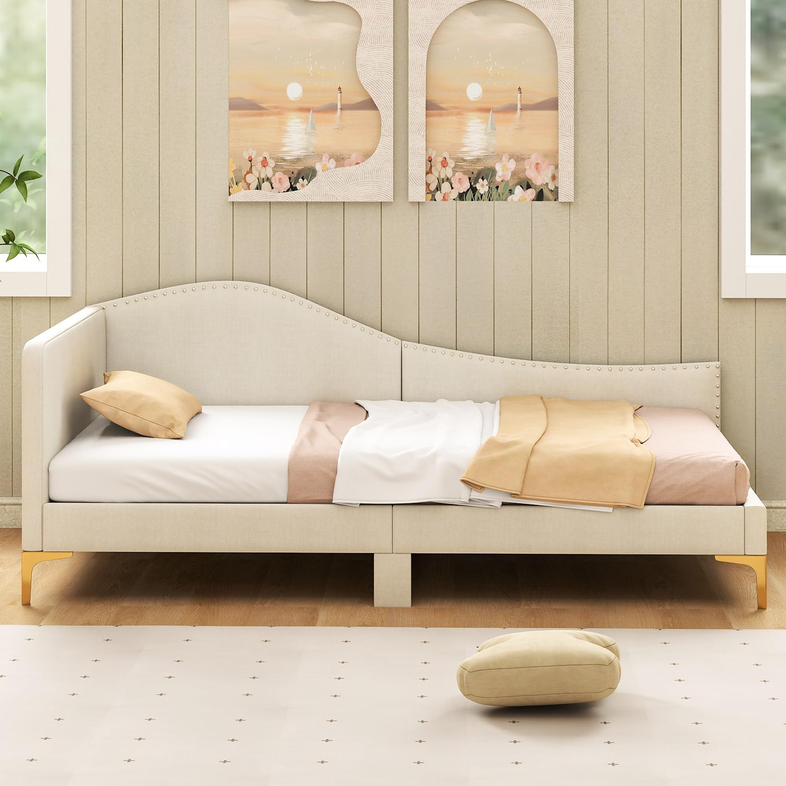 Rivet-Tufted Platform Bed Frame with Headboard, Metal Legs & Wood Slats, L-Shaped Corner Sofa Bed