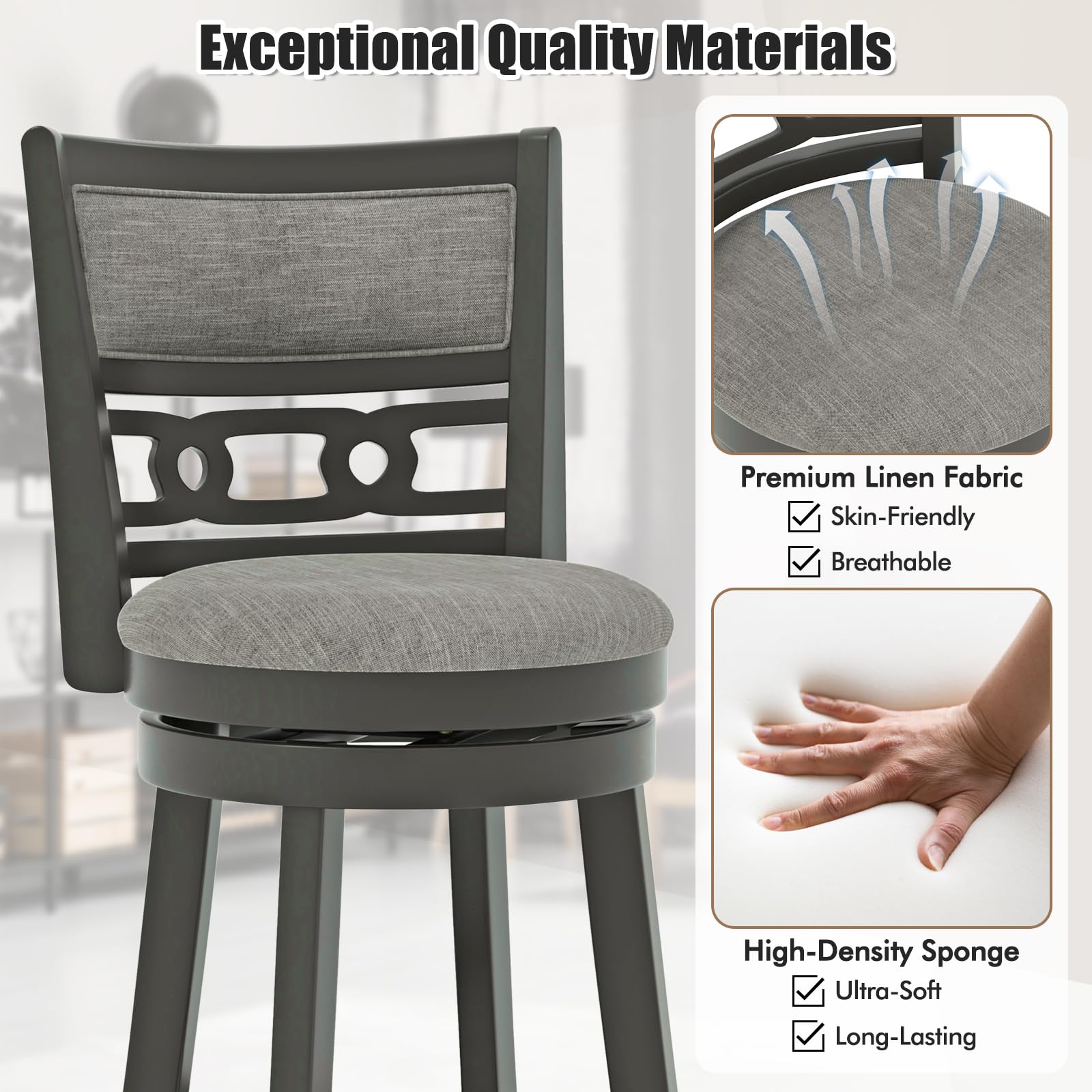 Upholstered Bar Height Bar Chair with Wooden Frame, Swivel Seat & Footrest