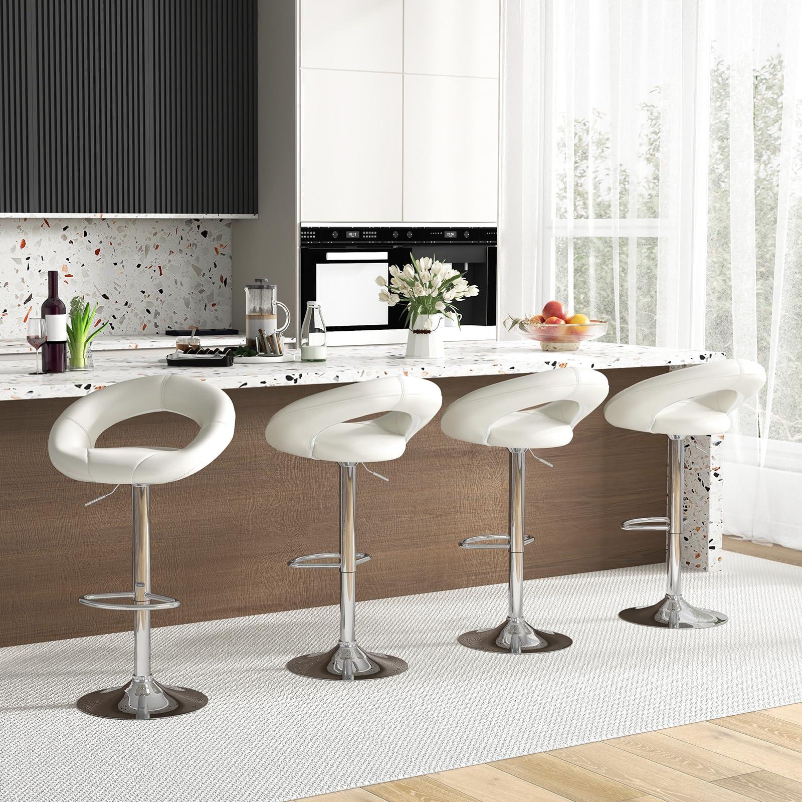 Adjustable Swivel Bar Stools Set of 2/4, Modern PU Leather Counter Height Bar Chairs w/Hollowed Back, Footrest, Metal Base