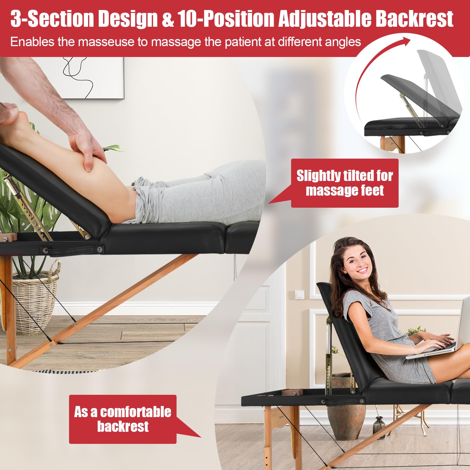 Portable 3 Sections 84inch Folding Massage Table with Carry Case