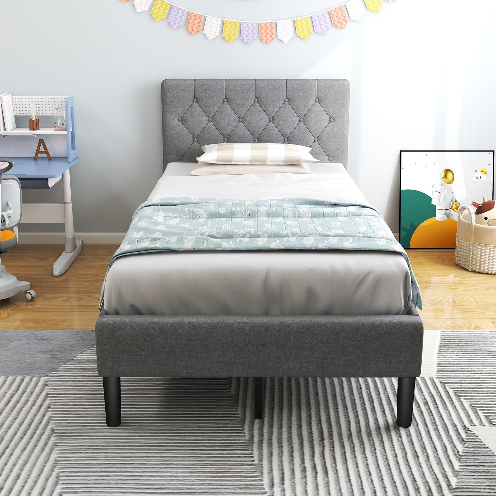 Twin Size Upholstered Bed Frame with Button Tufted Headboard