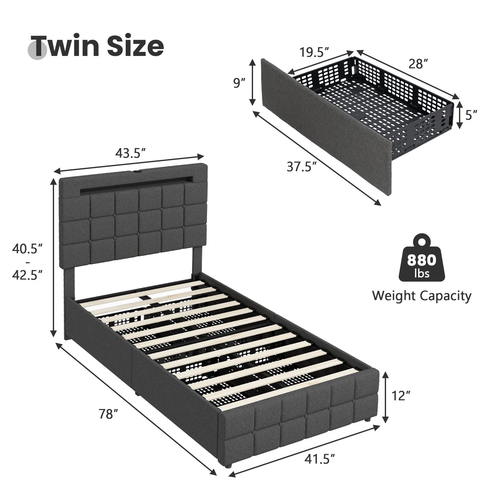 Upholstered Bed Frame with LED Lights and 4 Drawers, Height Adjustable Headboard with USB Ports
