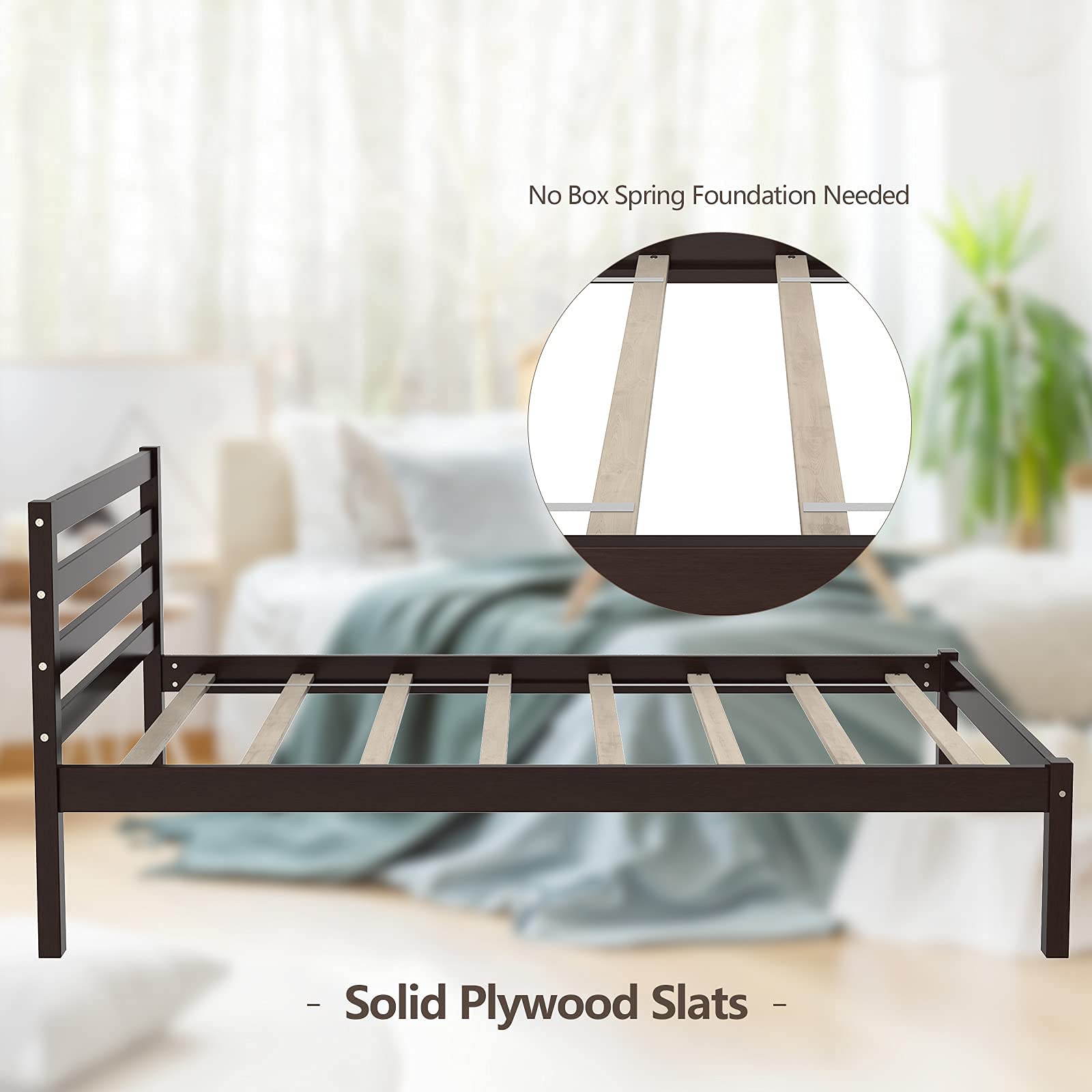 Wood Platform Bed Frame, Paneled Headboard, Wood Slat Support