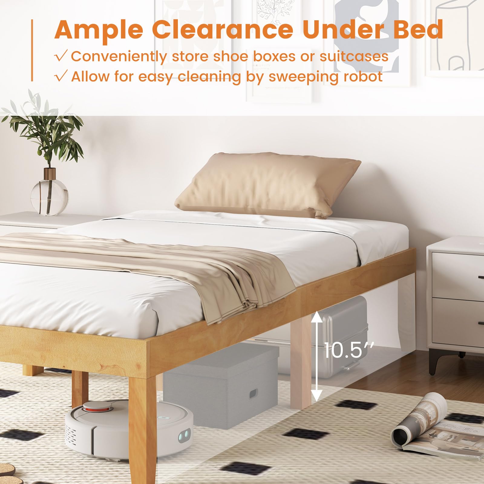 Wood Platform Bed Frame, 14 Inches Wooden Mattress Foundation with Solid Rubber Wood Legs