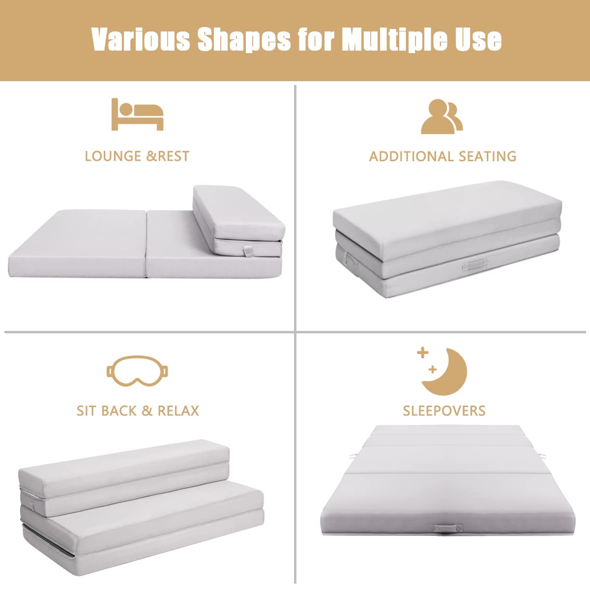 4 Inch Tri Folding Mattress, Foam Mattress with Carrying Handles and Removable Washable Fabric