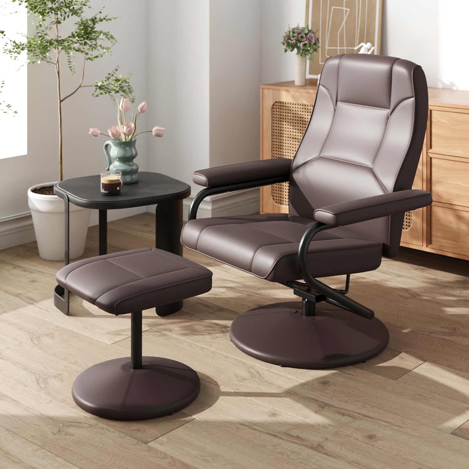 Recliner Chair with Ottoman, 360&deg; Swivel Faux Leather Reclining Chair w/Adjustable Backrest, Footrest