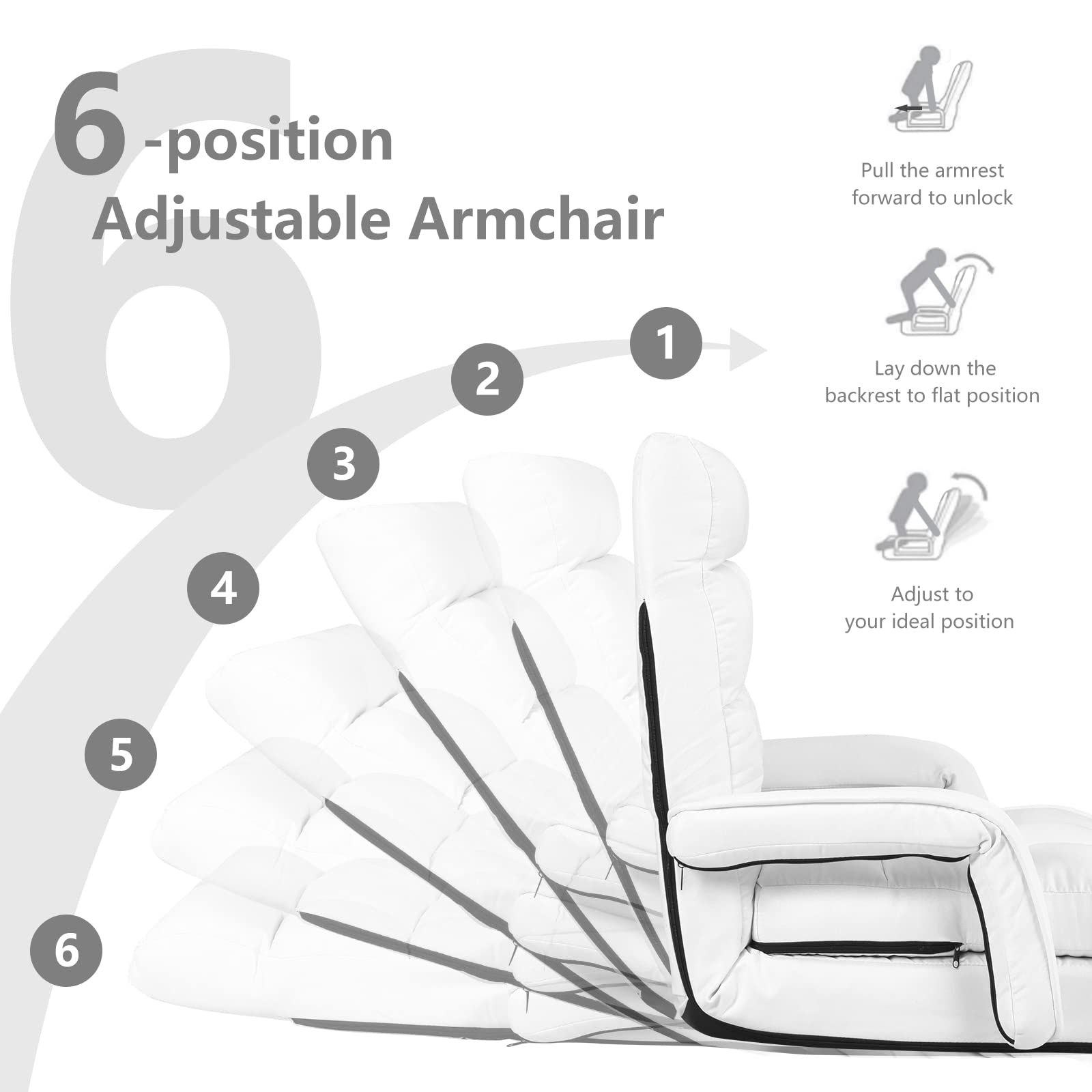 Adjustable Floor Chair, Folding Lazy Sofa Chair with 5 Positions, Detachable Seat Cushion
