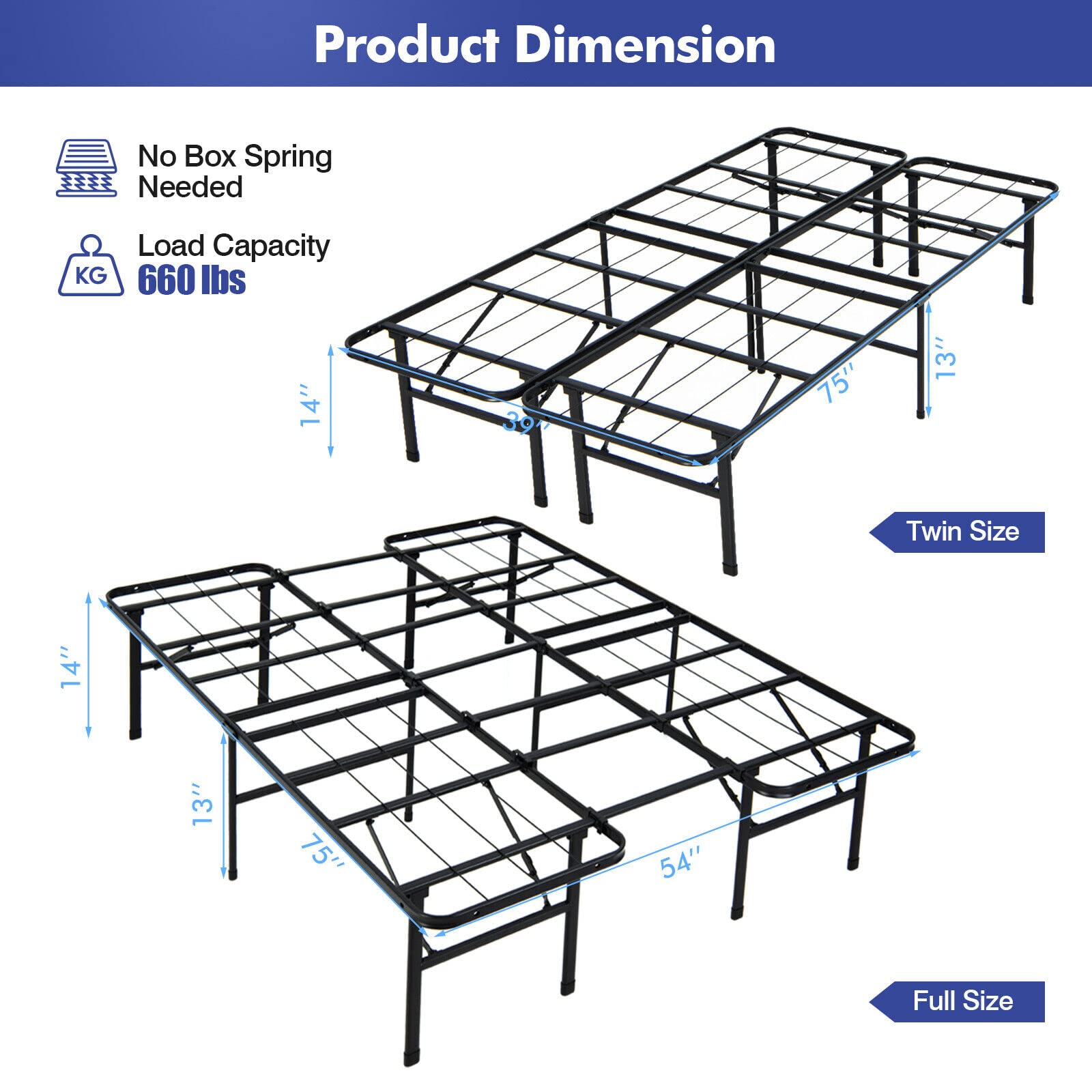 2 in 1 Folding Metal Bed Frame,Twin/Full- Queen/King Size Portable Bed Base
