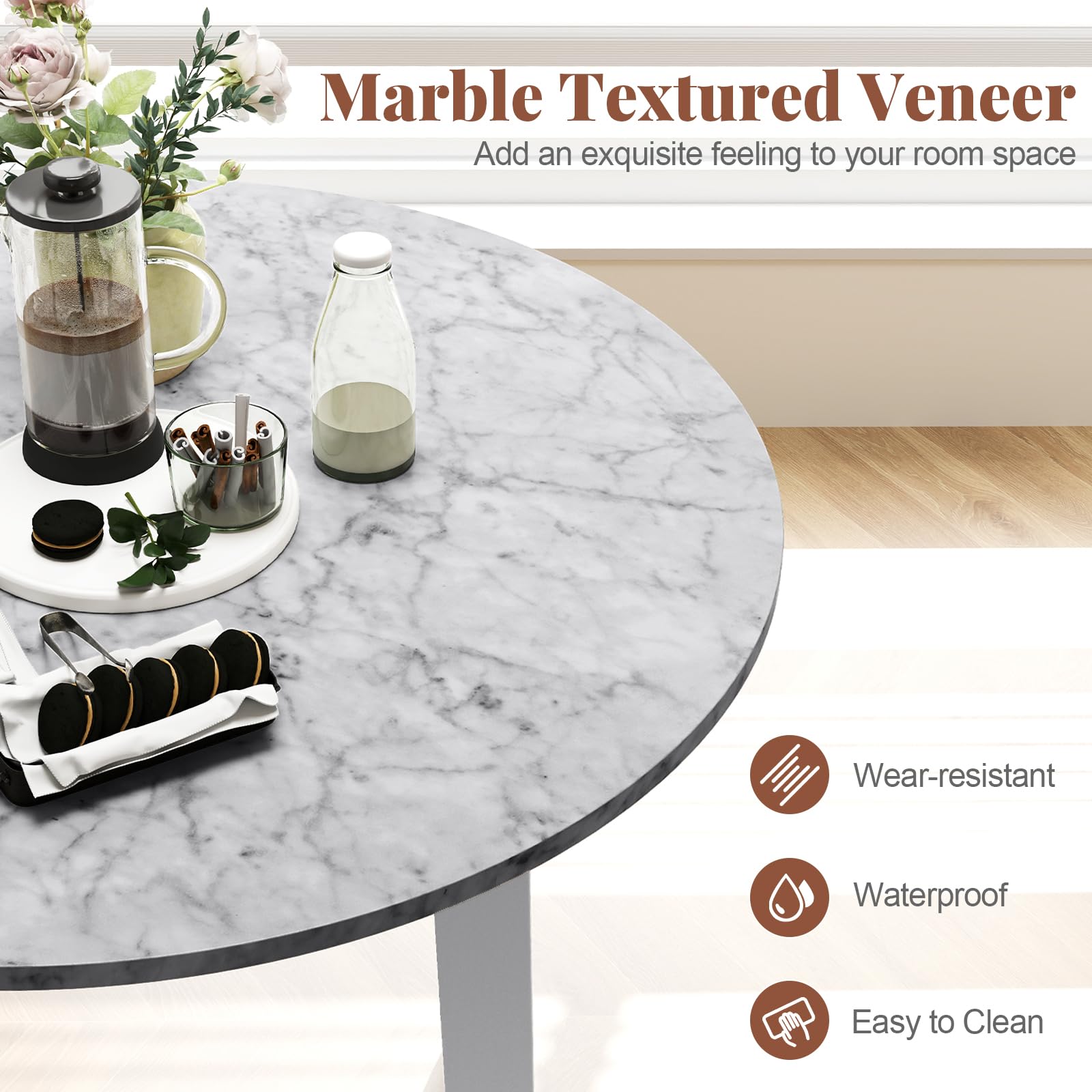35&rdquo; Round Dining Table - Kitchen Table with Rubber Wood Legs, Marble-Textured Veneer Tabletop