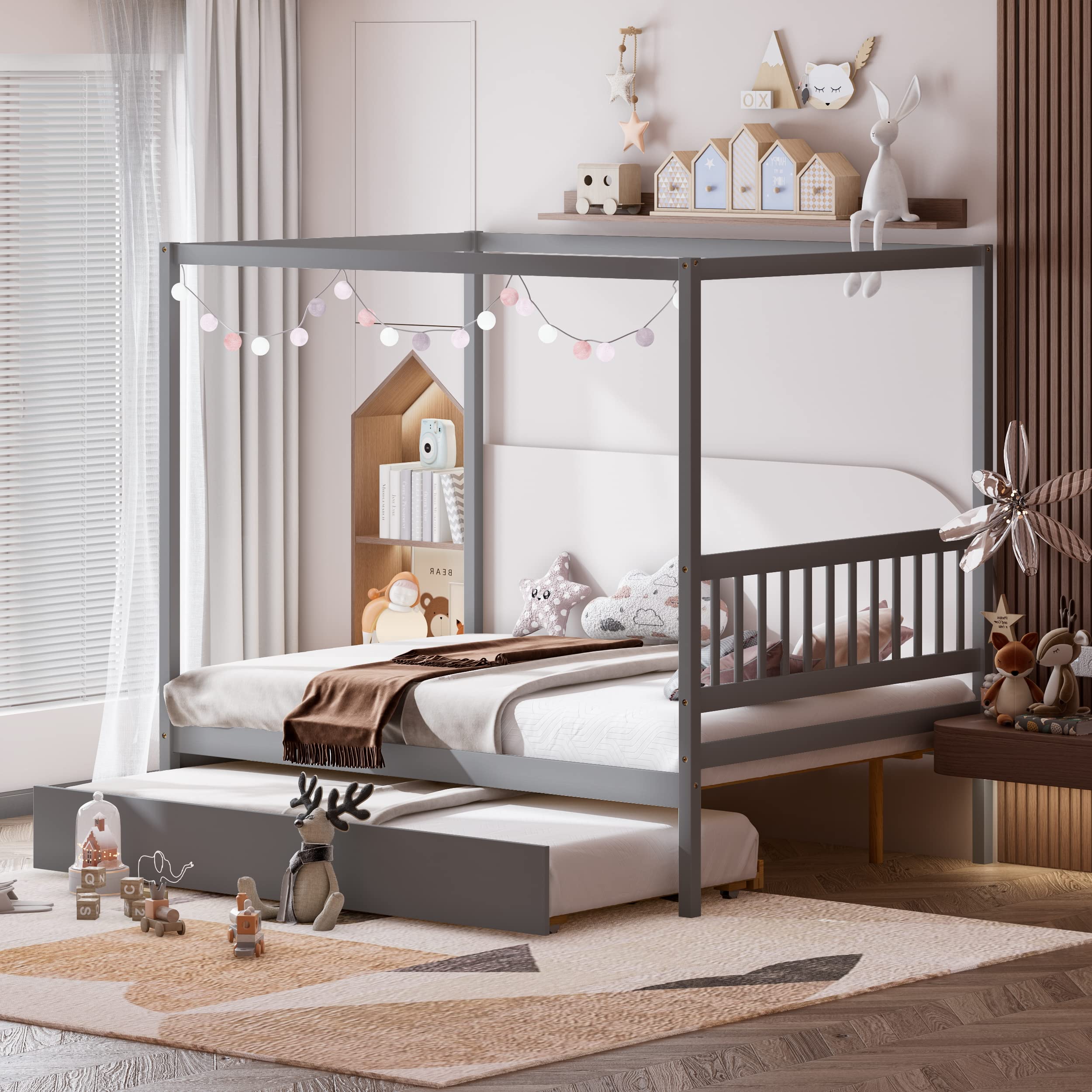Wood Canopy Bunk Bed with Trundle, Full Size Solid Wood Platform Bed with Headboard
