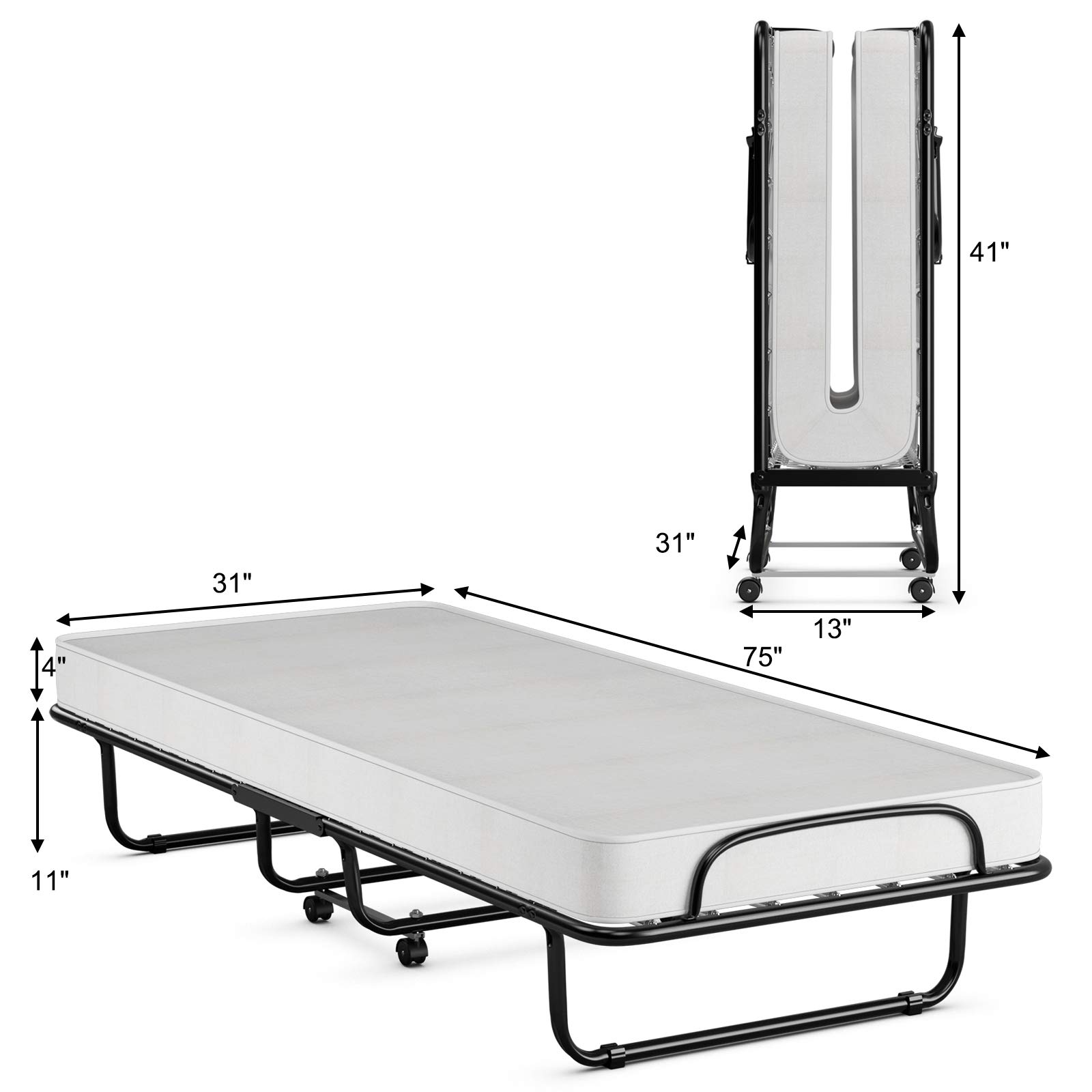 Portable Rollaway Bed with 4" Memory Foam Mattress for Adults and Guests