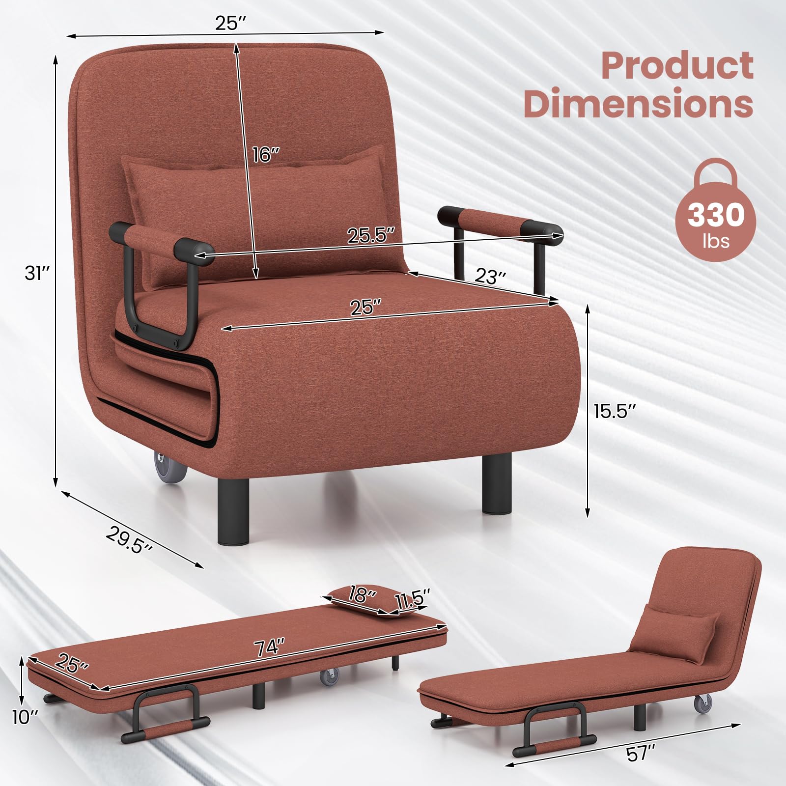 Convertible Chair Bed with 5-Position Adjustable Backrest & Lumbar Pillow, 2 Hidden Metal Legs & 2 Lockable Casters