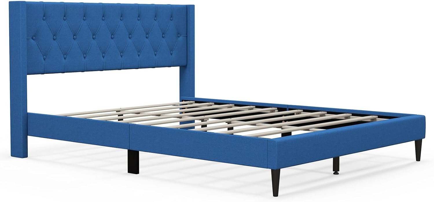 Upholstered Platform Bed with Button Tufted Wingback Headboard