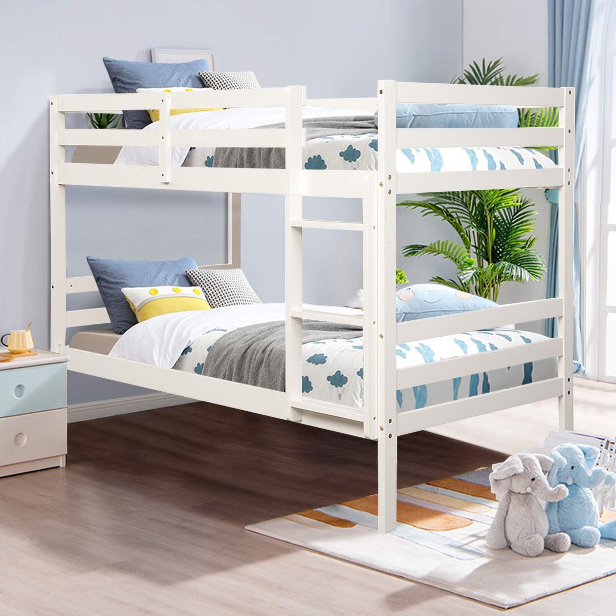 Twin Over Twin Wood Bunk Bed with Ladder & Safety Guardrail