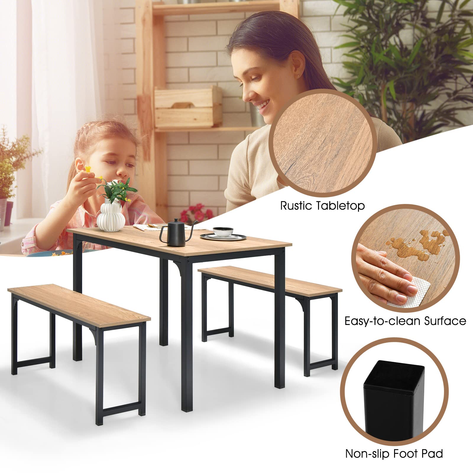 Dining Table Set for 4, 3-Piece Kitchen Table with 2 Benches