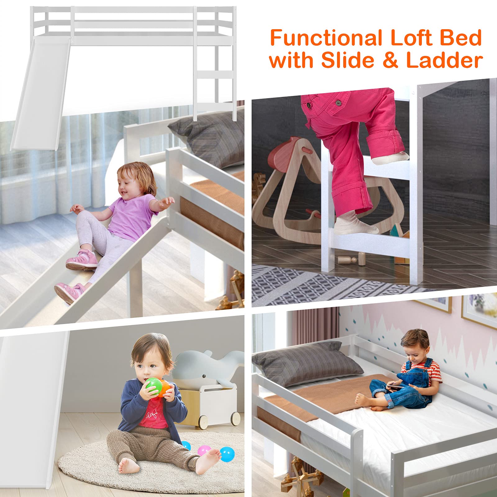 Twin Size Wood Low Loft Bed with Slide, Ladder & Guard Rail