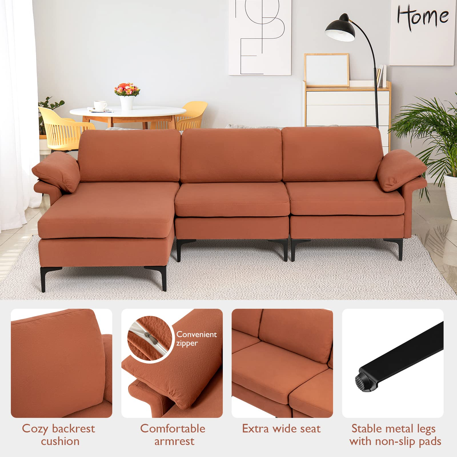 100.5 Inch Convertible L-Shaped Sectional Sofa Couch, 3-Seat Sofa with Reversible Chaise Lounge
