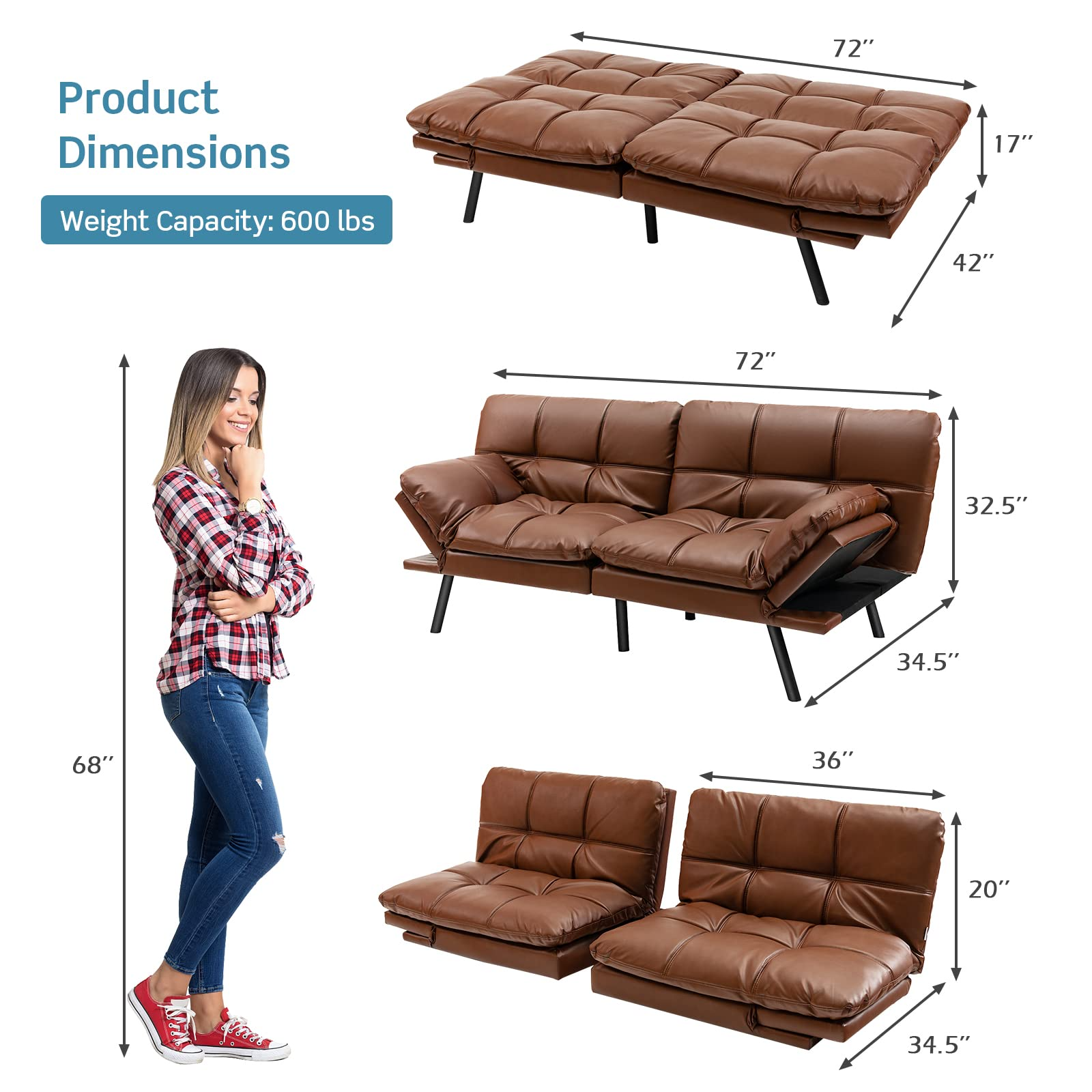 Futon Sofa Bed, Faux Leather Memory Foam Convertible Futon Couch with Adjustable Backrest & Armrests