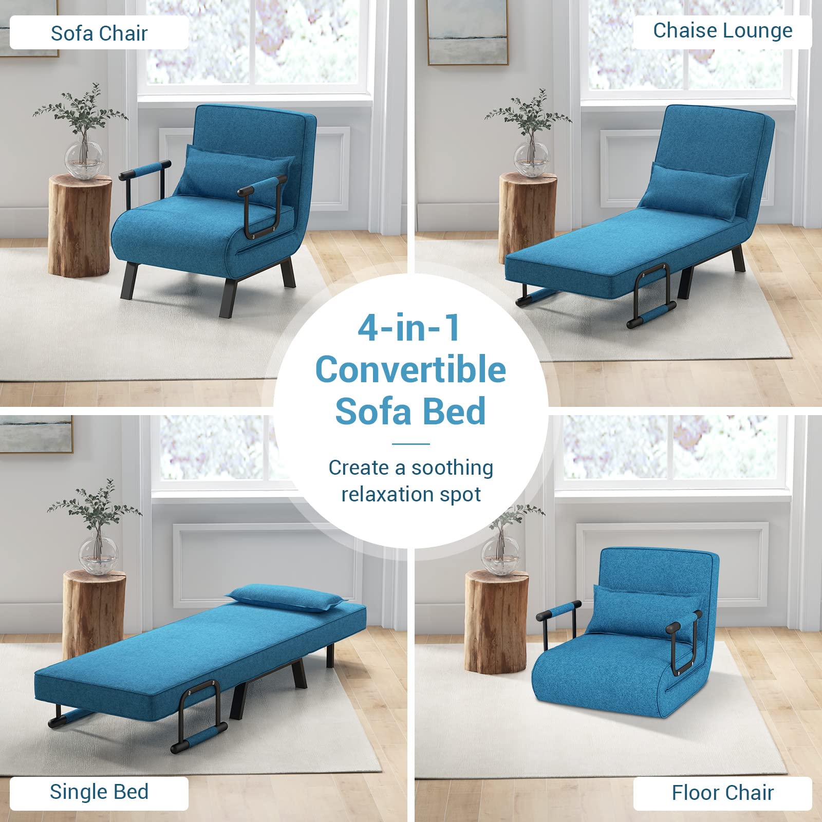 Convertible Upholstered Sleeper Chair Bed with Pillow, 4-in-1 Folding Sofa Bed with 6-Position Adjustable Backrest