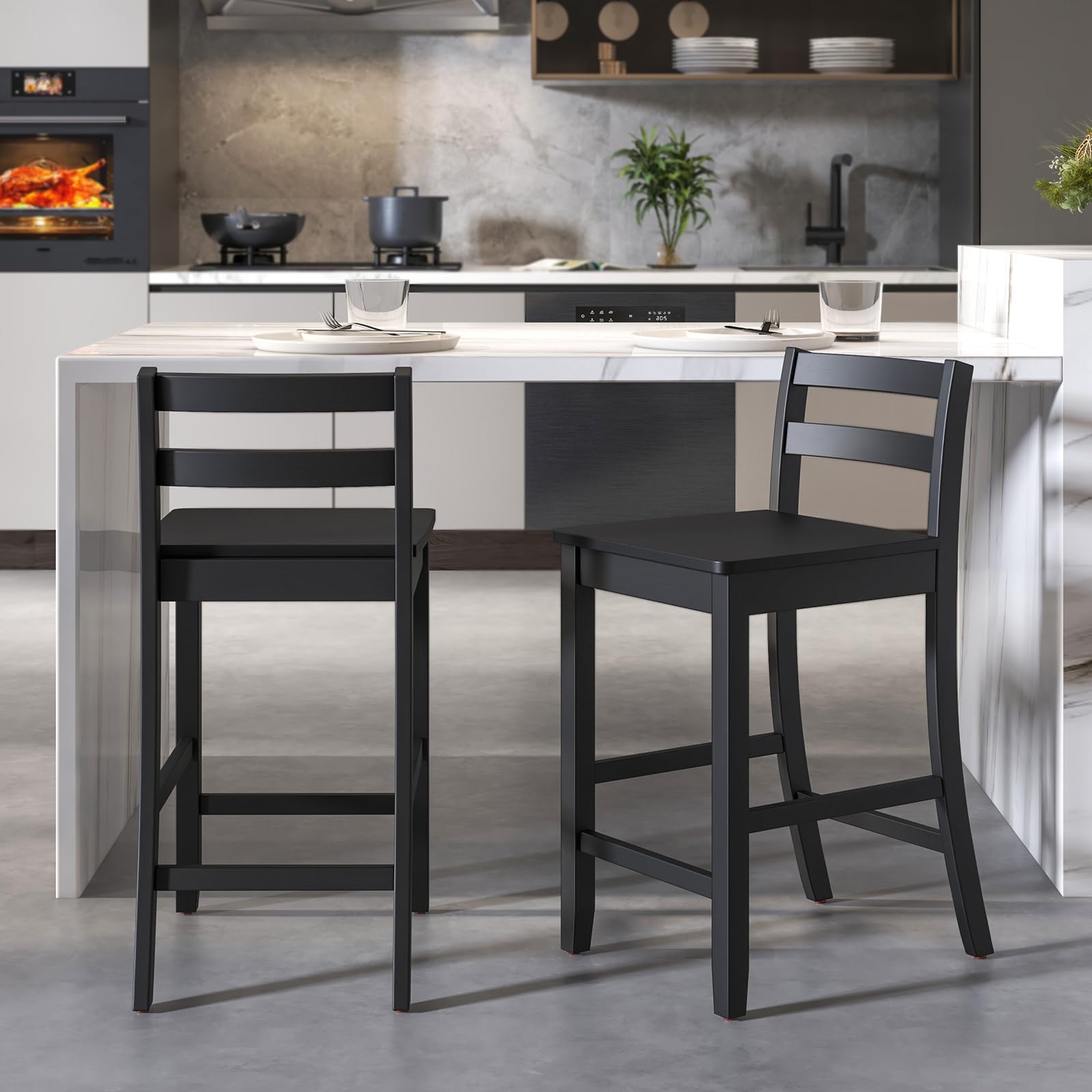 Wooden Bar Stools Set of 2/4, 24-Inch Counter Height Stools with Ergonomic Backrest & Footrest