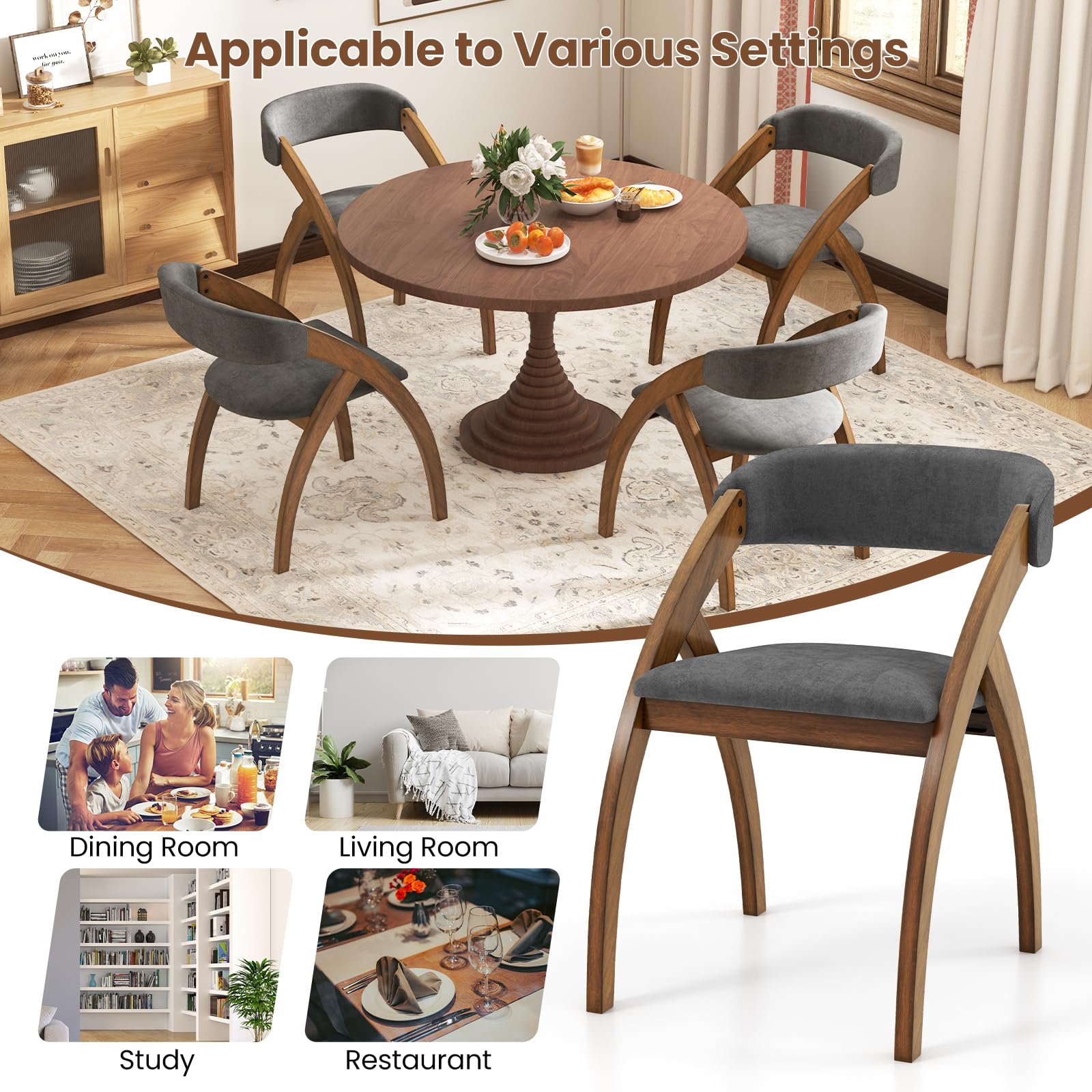 Wooden Dining Chairs Set of 2/4, Upholstered Kitchen Chairs w/Arched Rubber Wood Legs, Padded Cushion & Curved Back