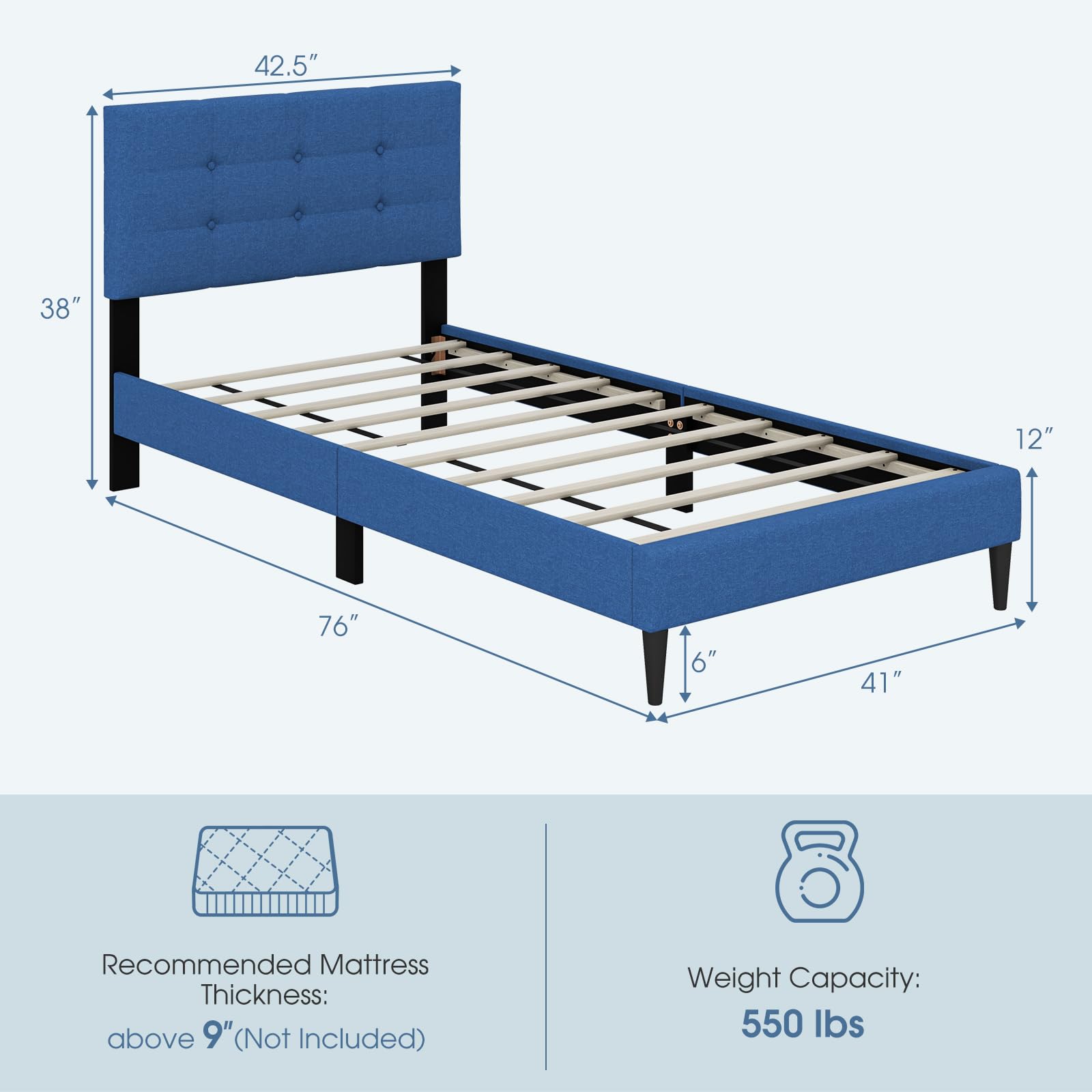 Twin/Queen Size Upholstered Platform Bed Frame with Button Tufted Linen Fabric Headboard