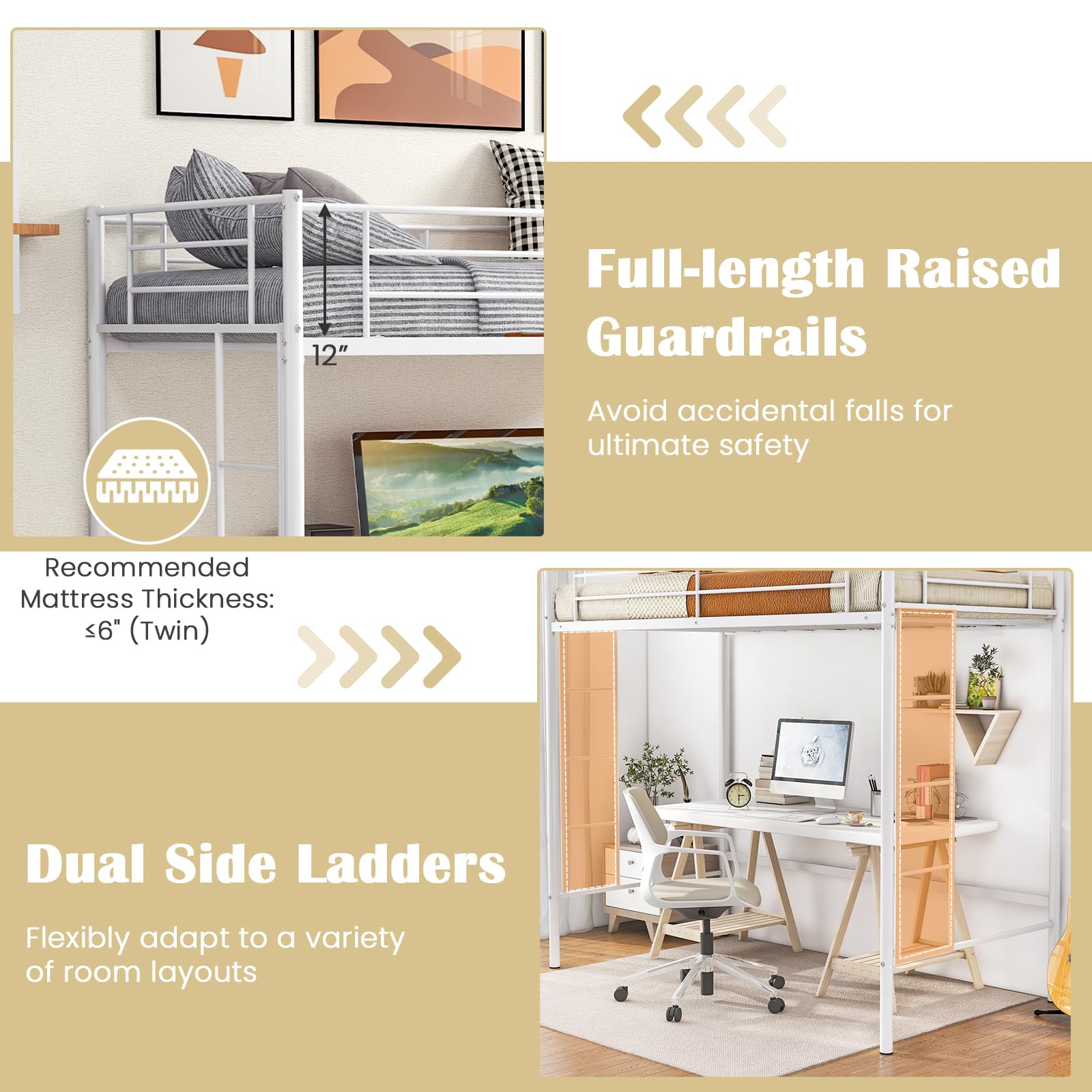 Twin Size Metal Loft Bed with Both Side Ladders & Safety Guardrails