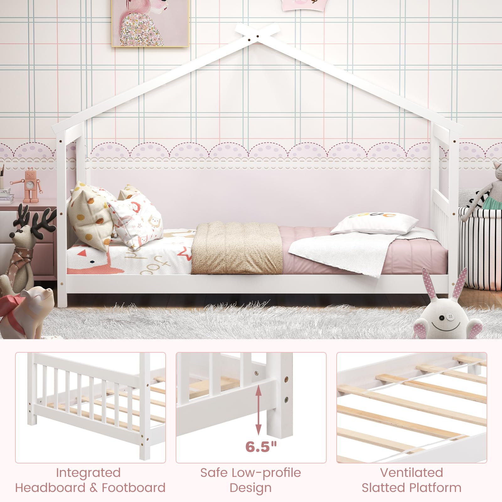 Twin Wood Kids House Bed with Roof, Headboard and Footboard