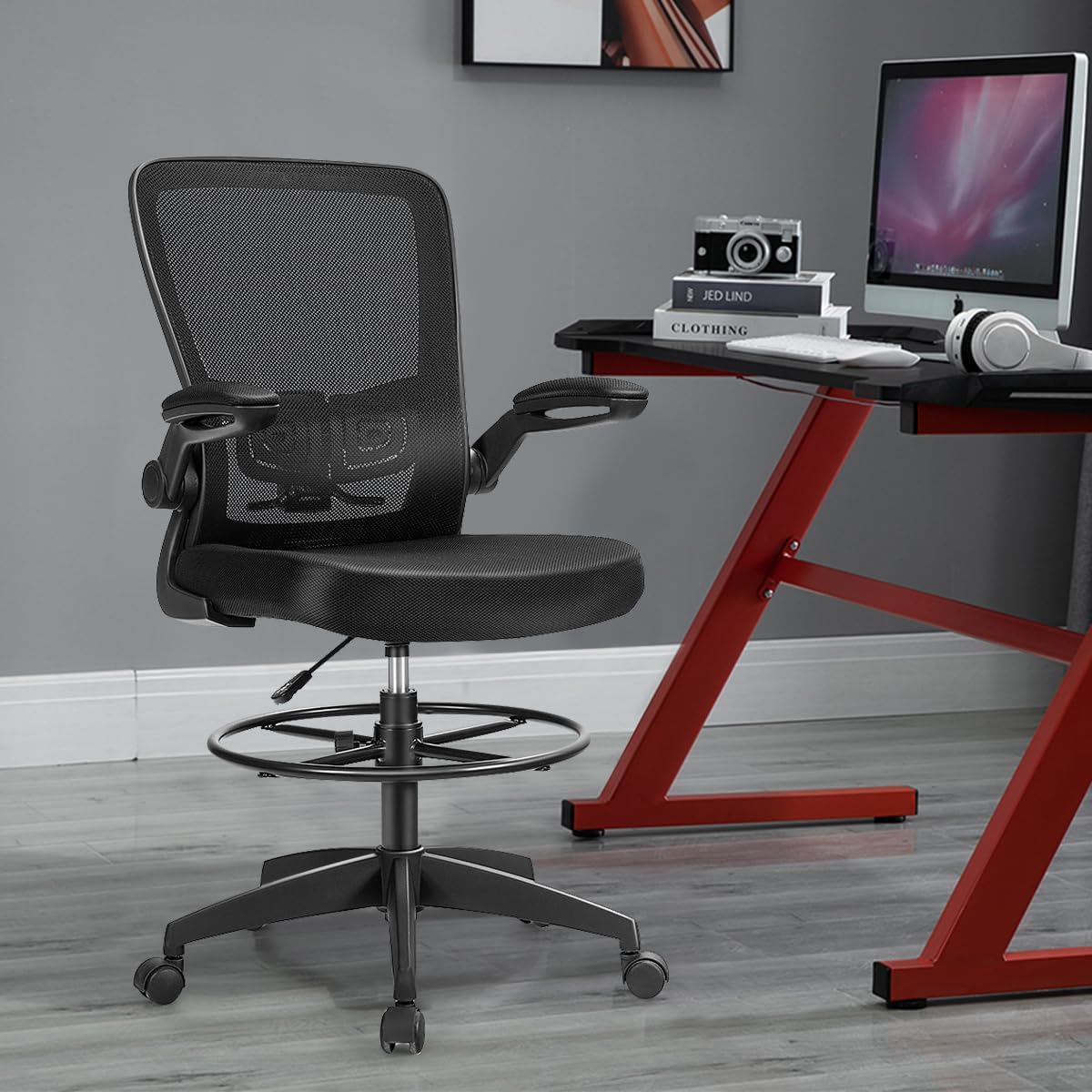 Drafting Chair, Ergonomic Tall Office Chair with Thick Cushion, Flip-up Armrest, Adjustable Back Support & Footrest
