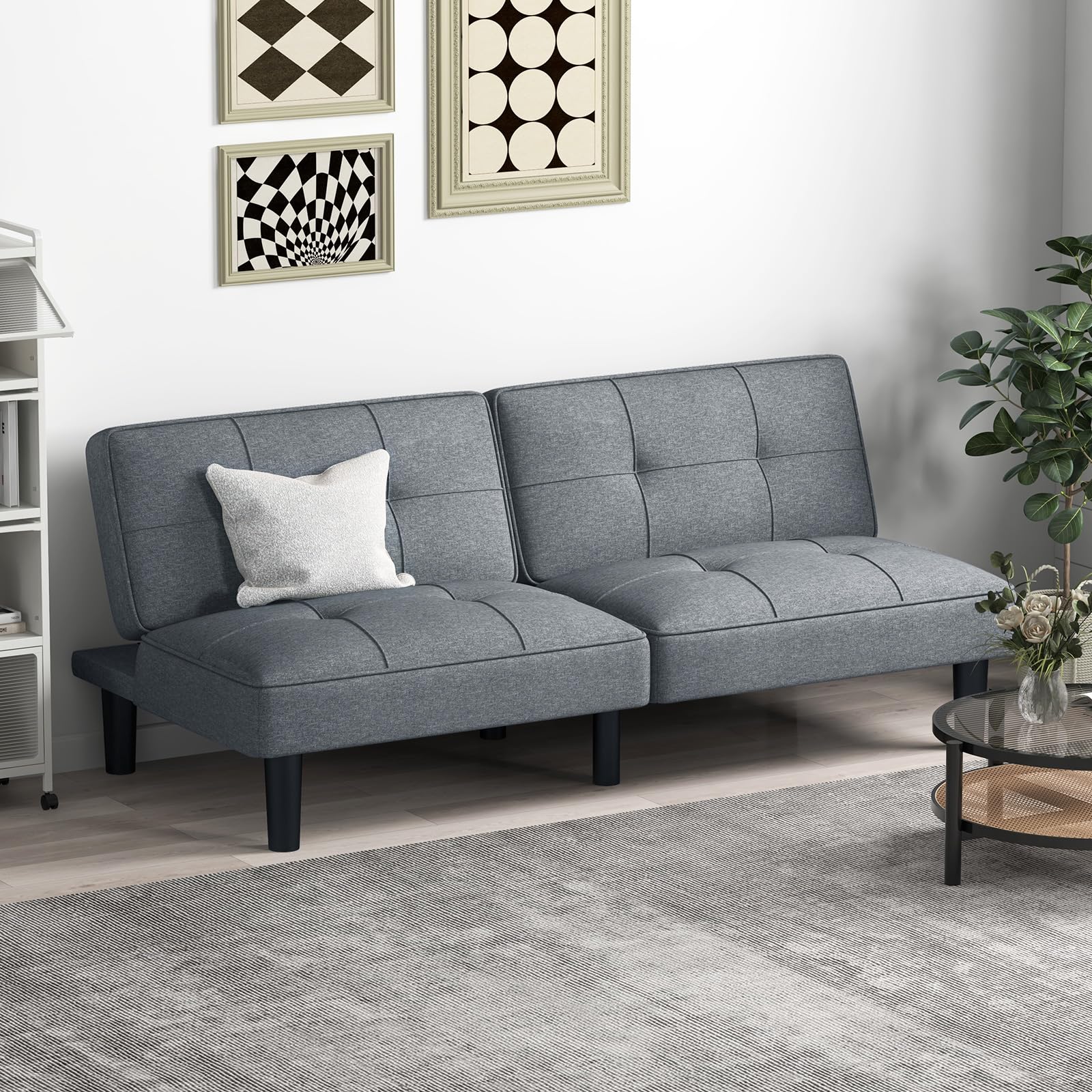 Convertible Futon Sofa Bed, Upholstered Folding Linen Sleeper Couch with 6-Position Adjustable Backrest