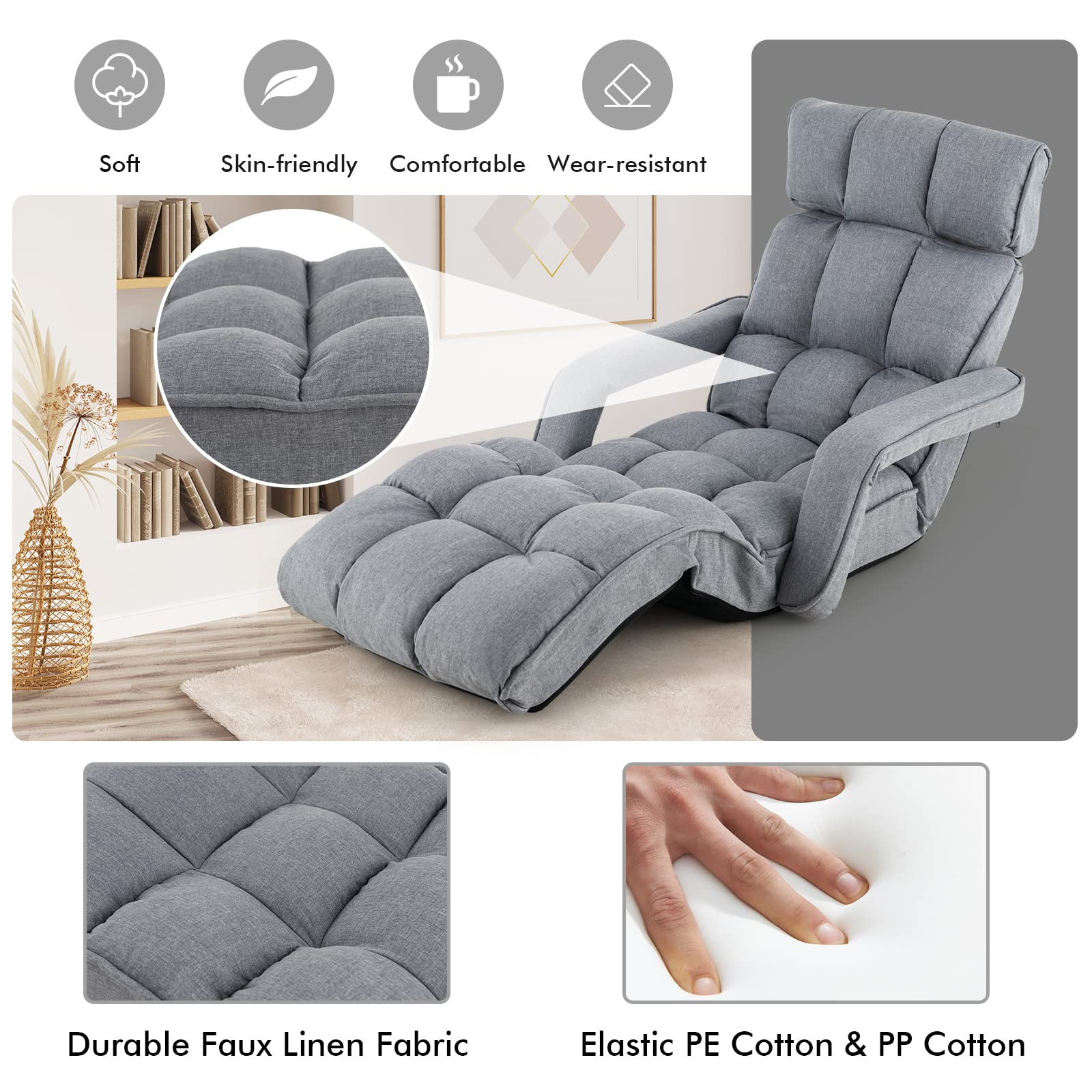 Foldable Lazy Sofa, Indoor Chaise Lounger Sofa with 6 Adjustable Positions