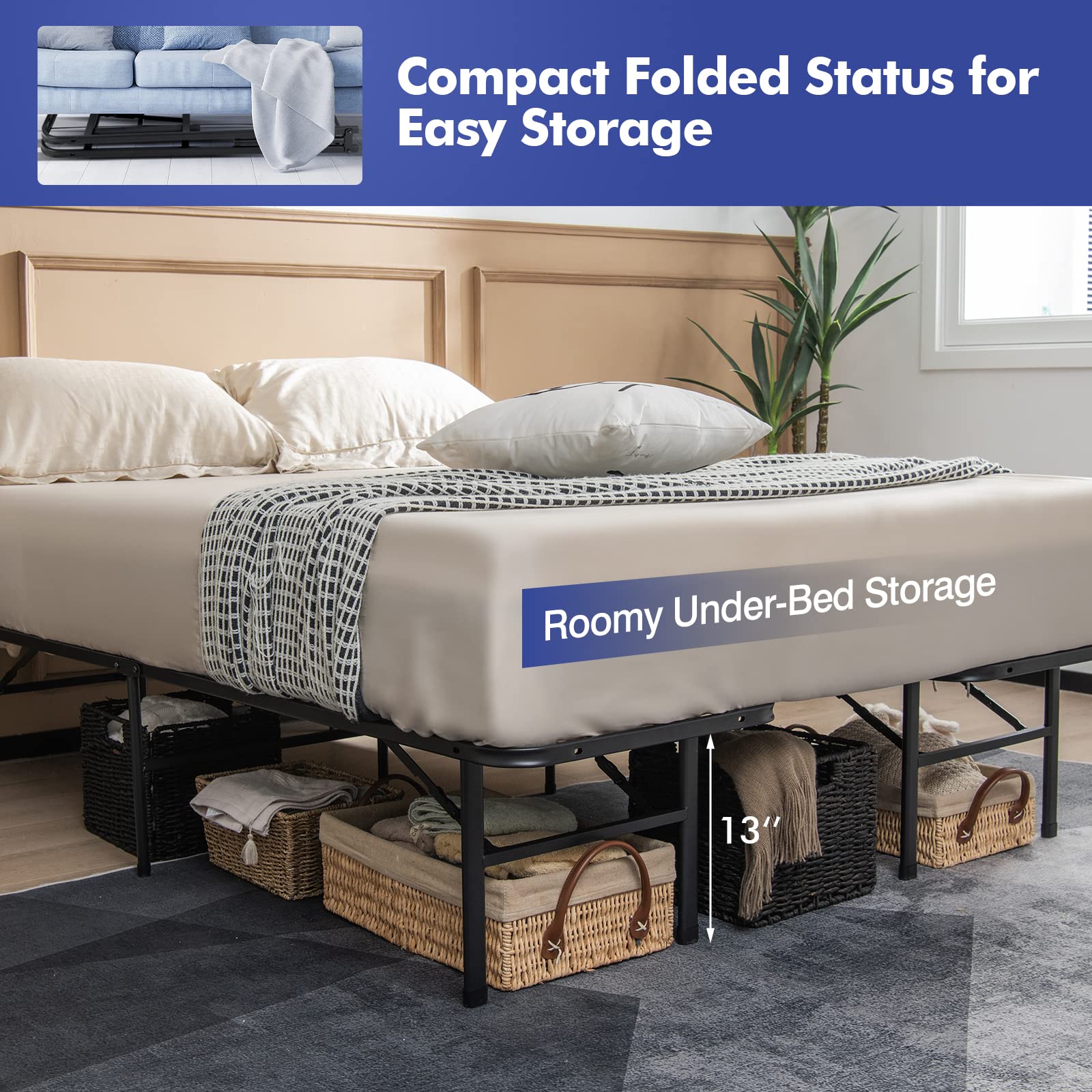 2 in 1 Folding Metal Bed Frame,Twin/Full- Queen/King Size Portable Bed Base