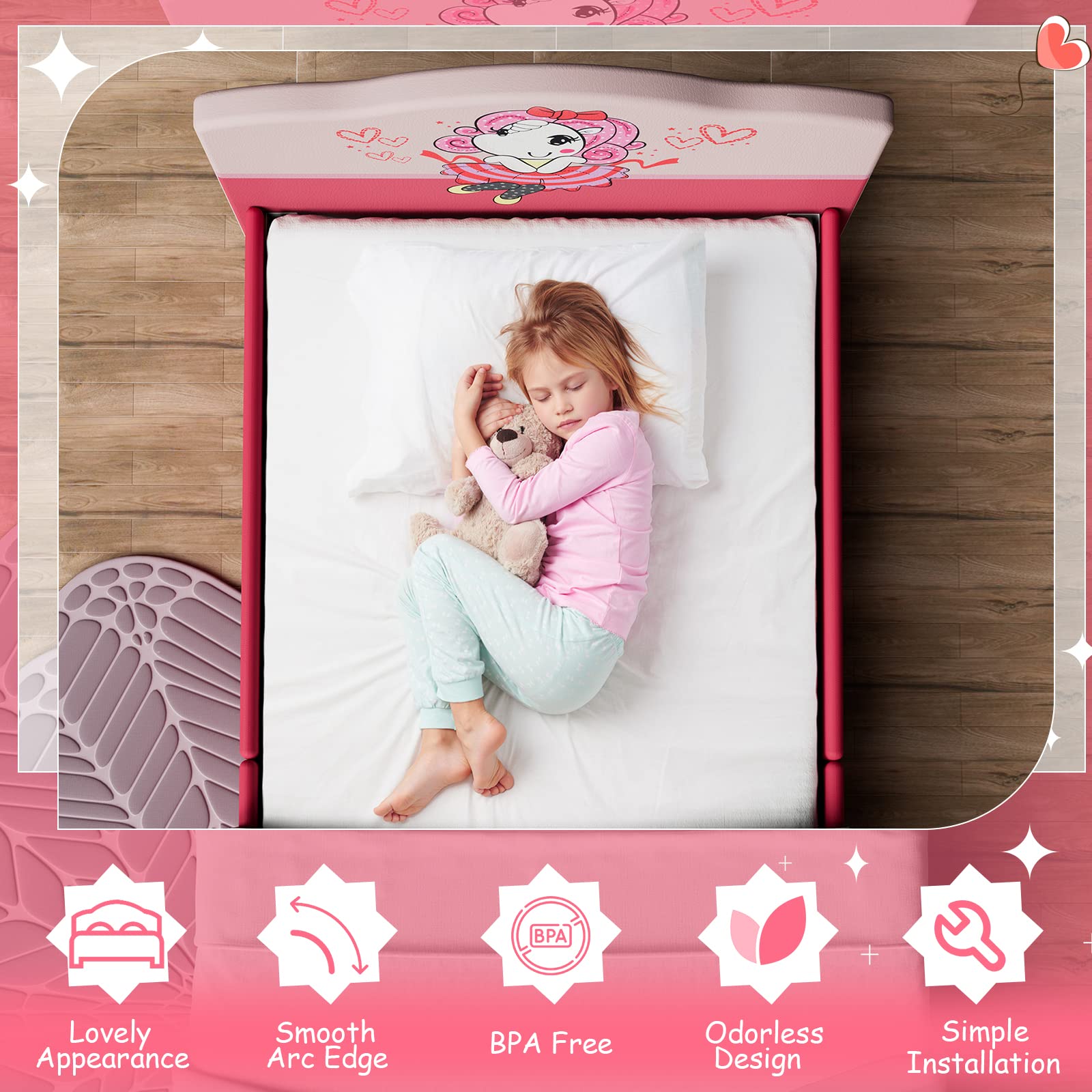 Kids Twin Bed Frame with Headboard, Toddler Upholstered Platform Bed with Slatted Bed Base