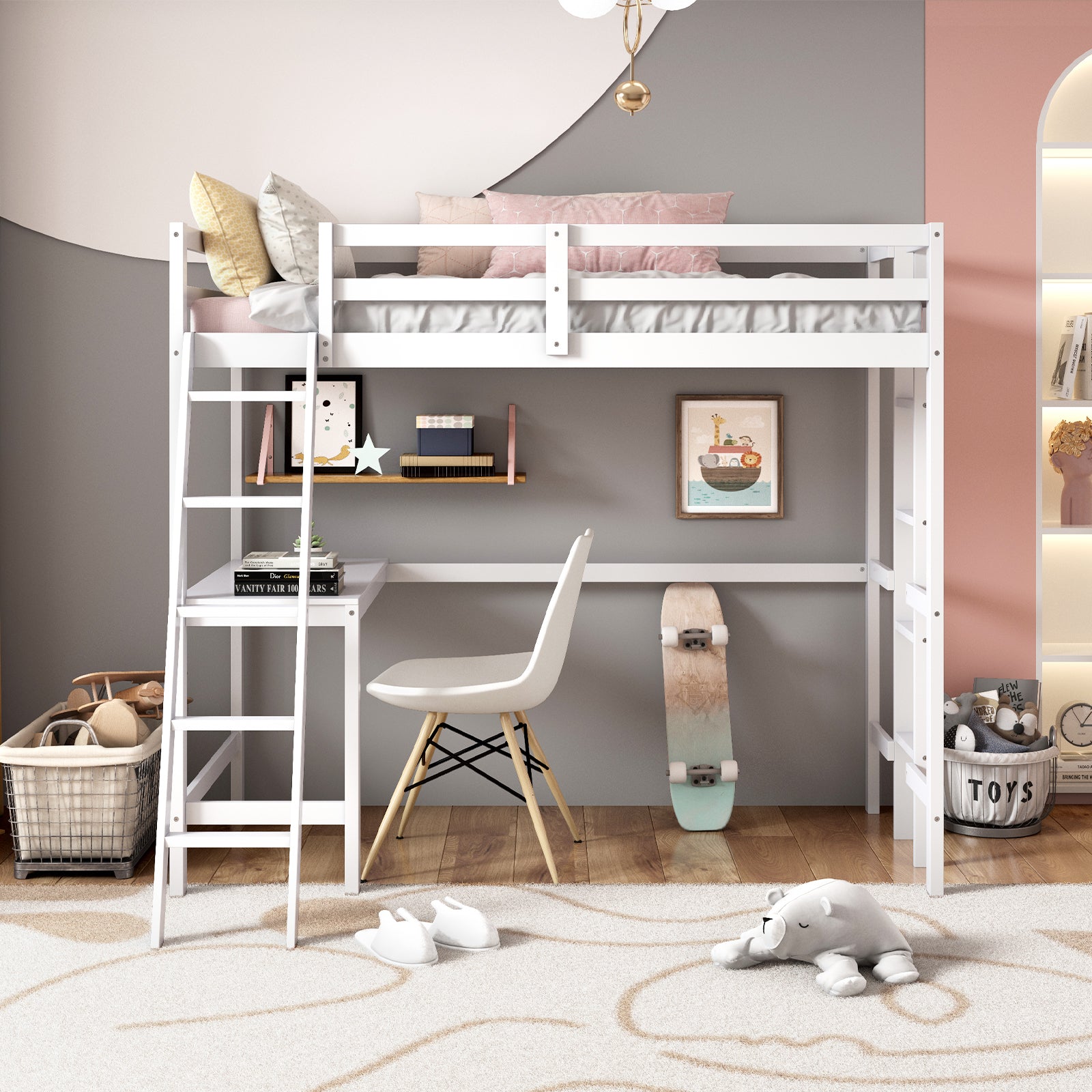 Twin Size Wood Loft Bed with Desk, 2 Ladders, Full Length Guardrail for Kids Teens Adults