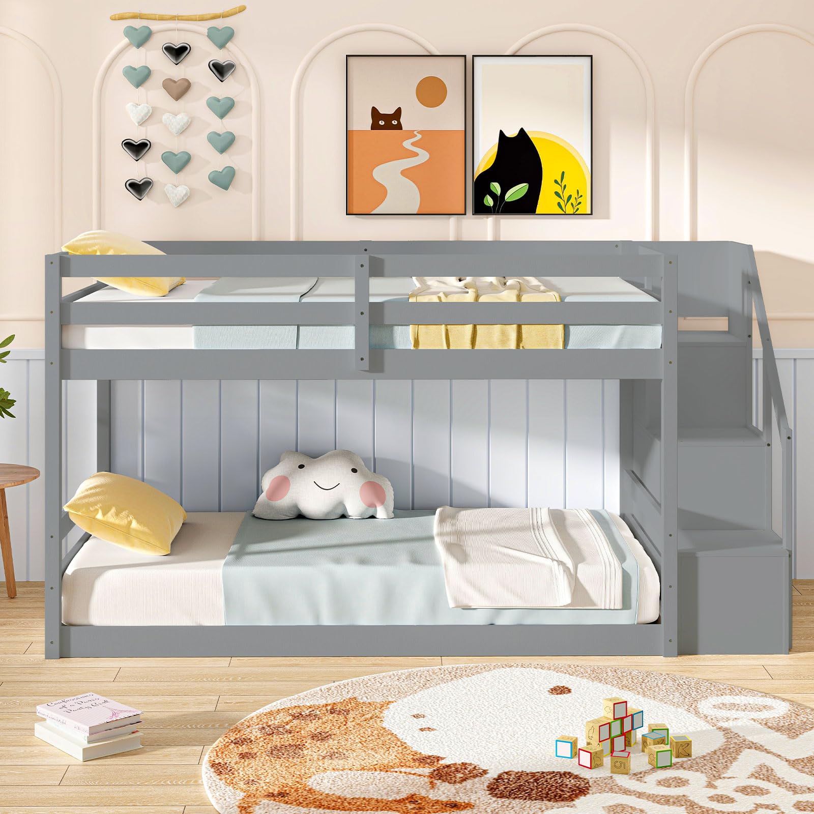 Bunk Bed with Stairs, Solid Wood Floor Bunk Bed with Storage Staircase & Full-Length Guardrails