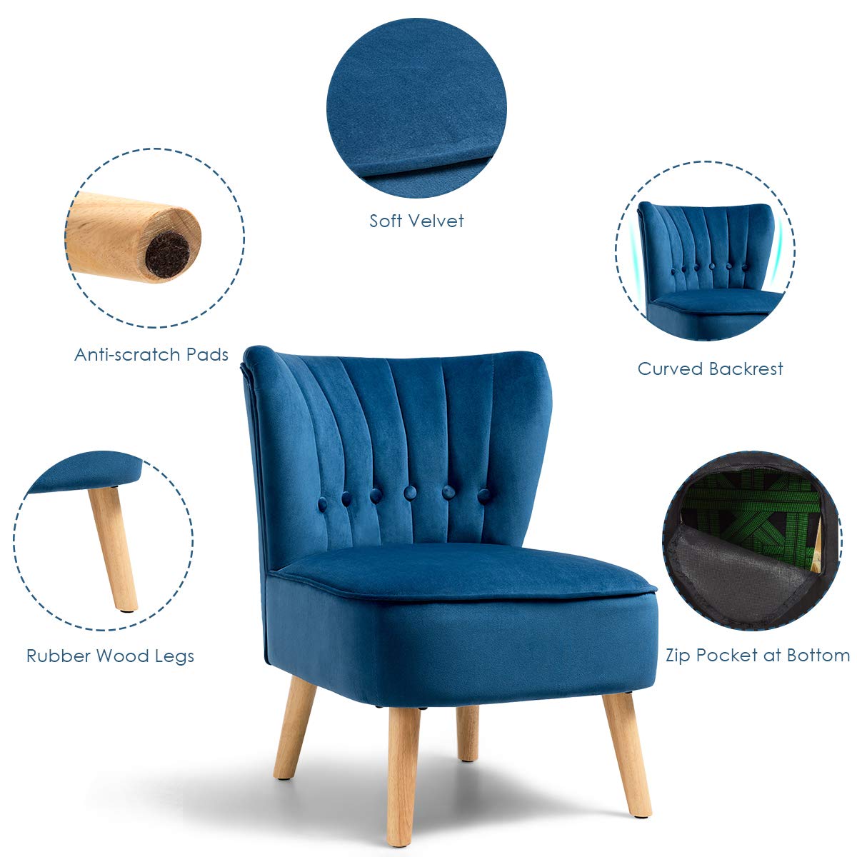 Modern Velvet Accent Chair | Small Upholstered Leisure Sofa Chair