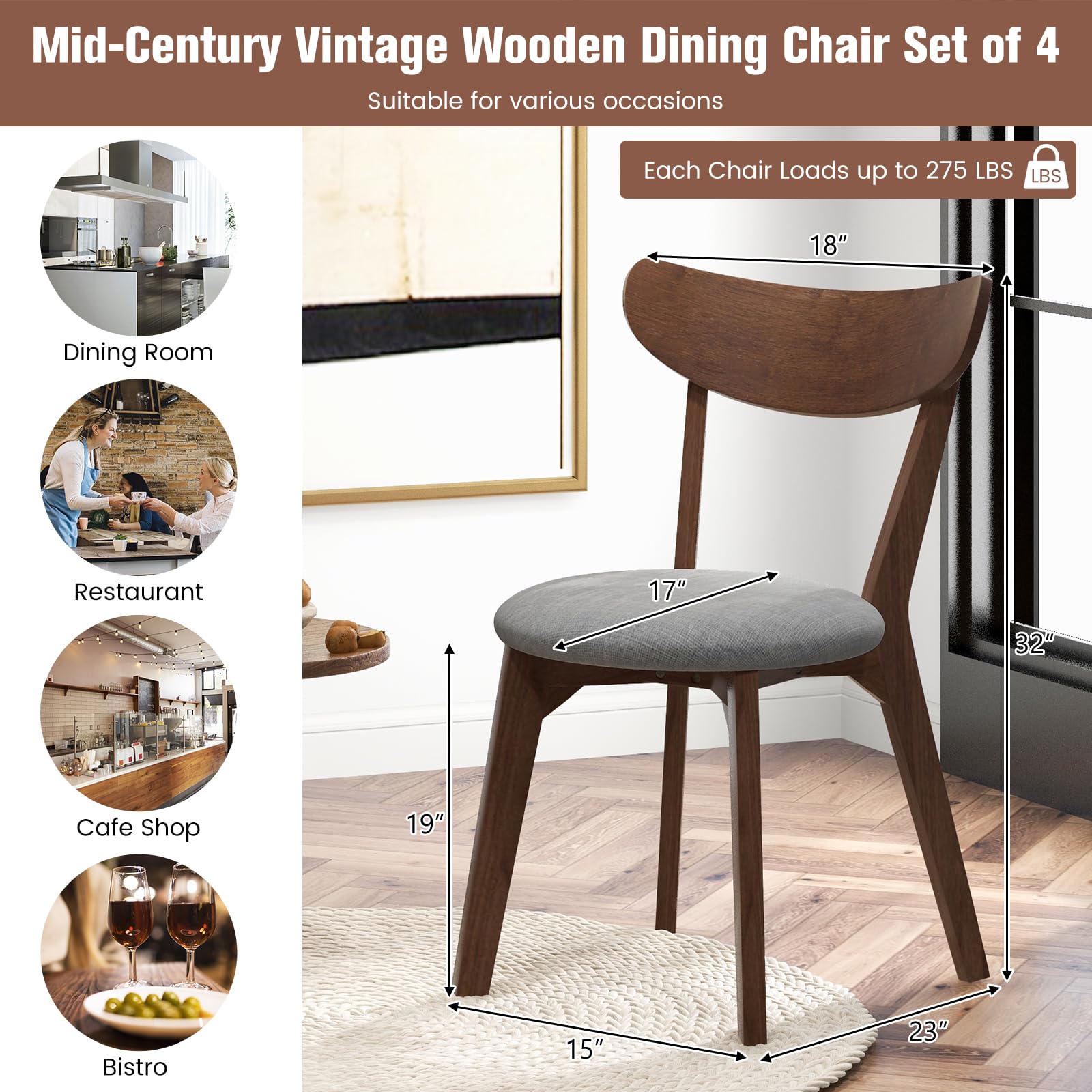 Dining Chairs Set of 2/4, Mid-Century Modern Kitchen & Dining Chairs with Curved Back and Cushioned Seat