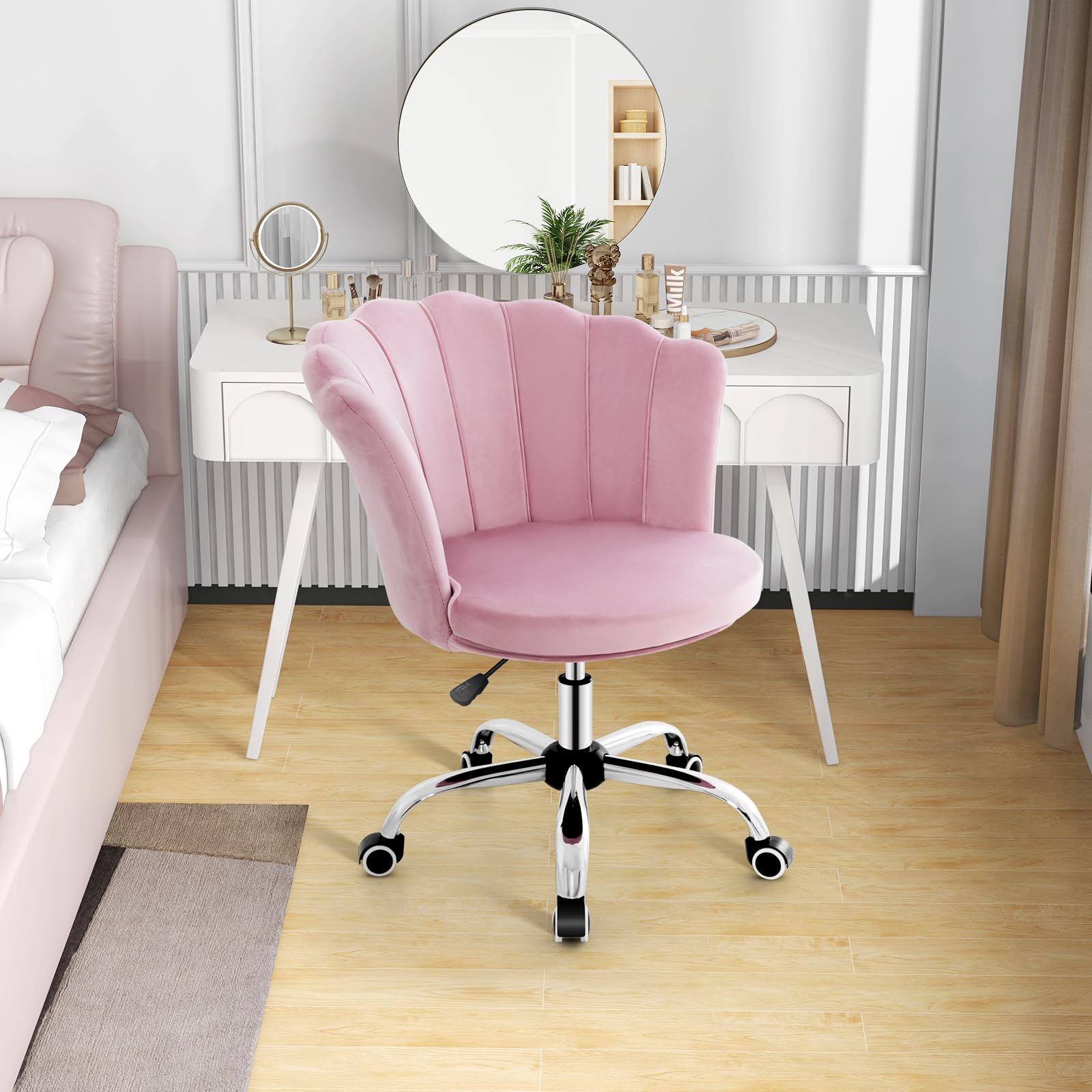 Velvet Office Desk Chair Pink, Modern Vanity Chair with Seashell Back