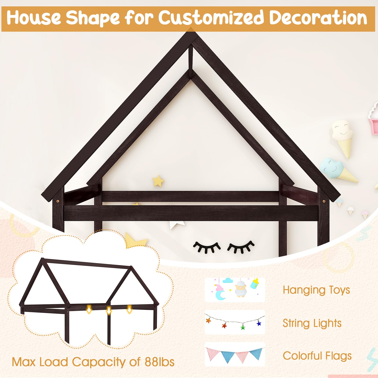 Twin Size House Bed for Kids, Solid Wood Platform Floor Bed with Roof & Multiple Slats