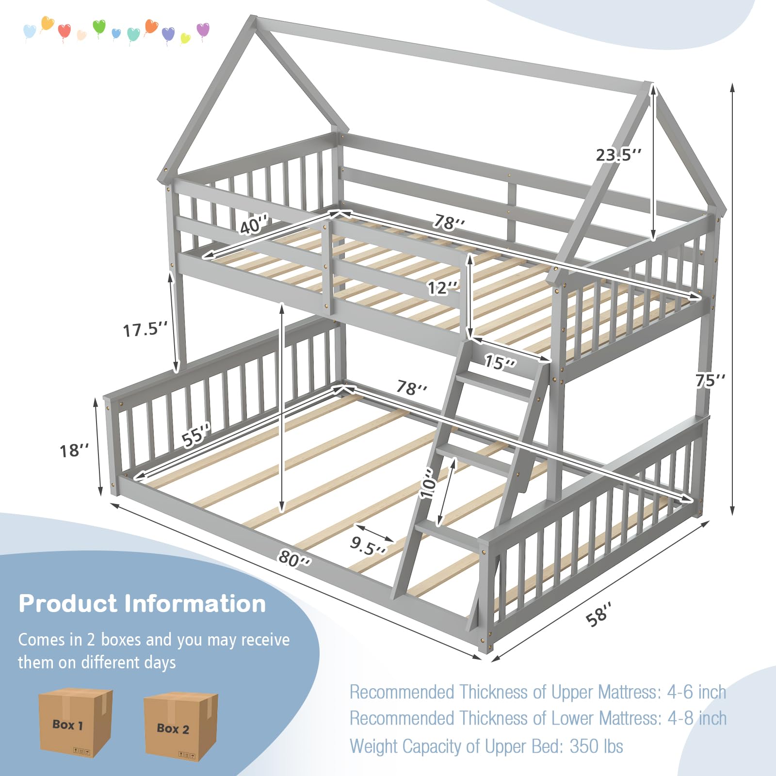 Twin Over Full Wood House Bunk Bed with Integrated Ladder & Safety Guardrails, Convertible to 2 Beds