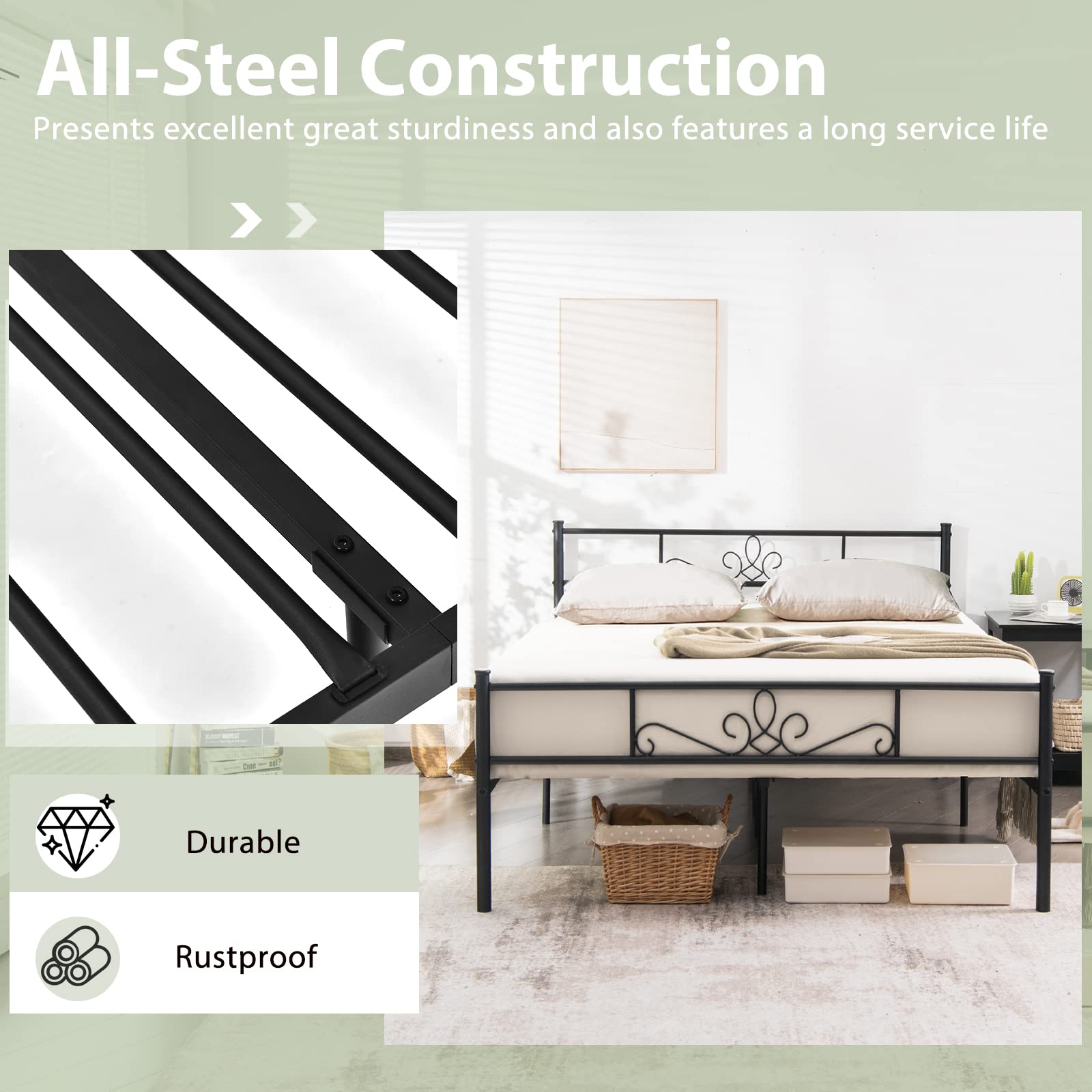 Metal Platform Bed Frame with Headboard & Footboard, Reinforced Metal Slats Supported Mattress Foundation