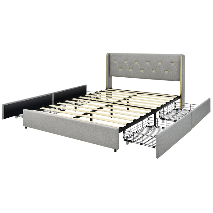 Full/Queen Upholstered Bed Frame with 4 Rolling Storage Drawers, Space Saving PU Leather Bed Frame