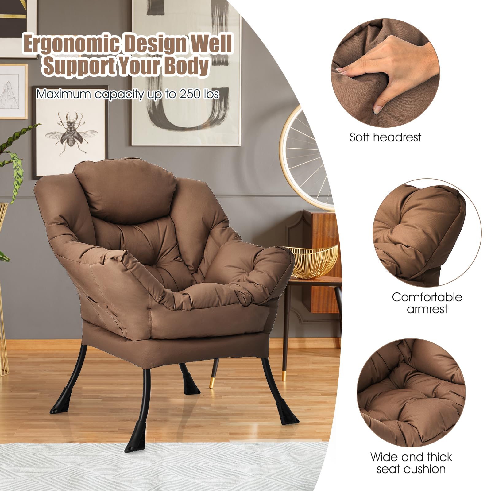 Modern Lazy Chair, Upholstered Single Sofa Chair w/Armrests & Side Pocket