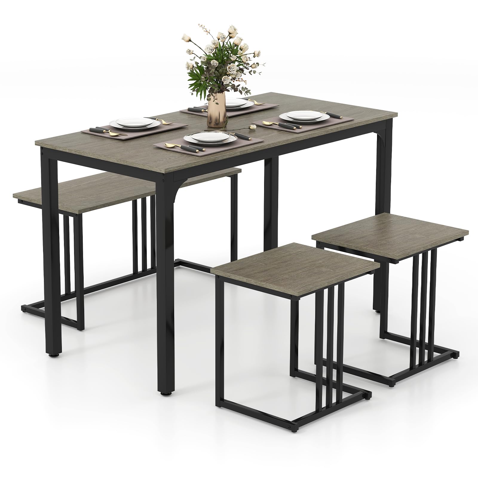 4 Piece Dining Table Set for 4 with Bench & 2 Stools, Space-Saving Desk Set