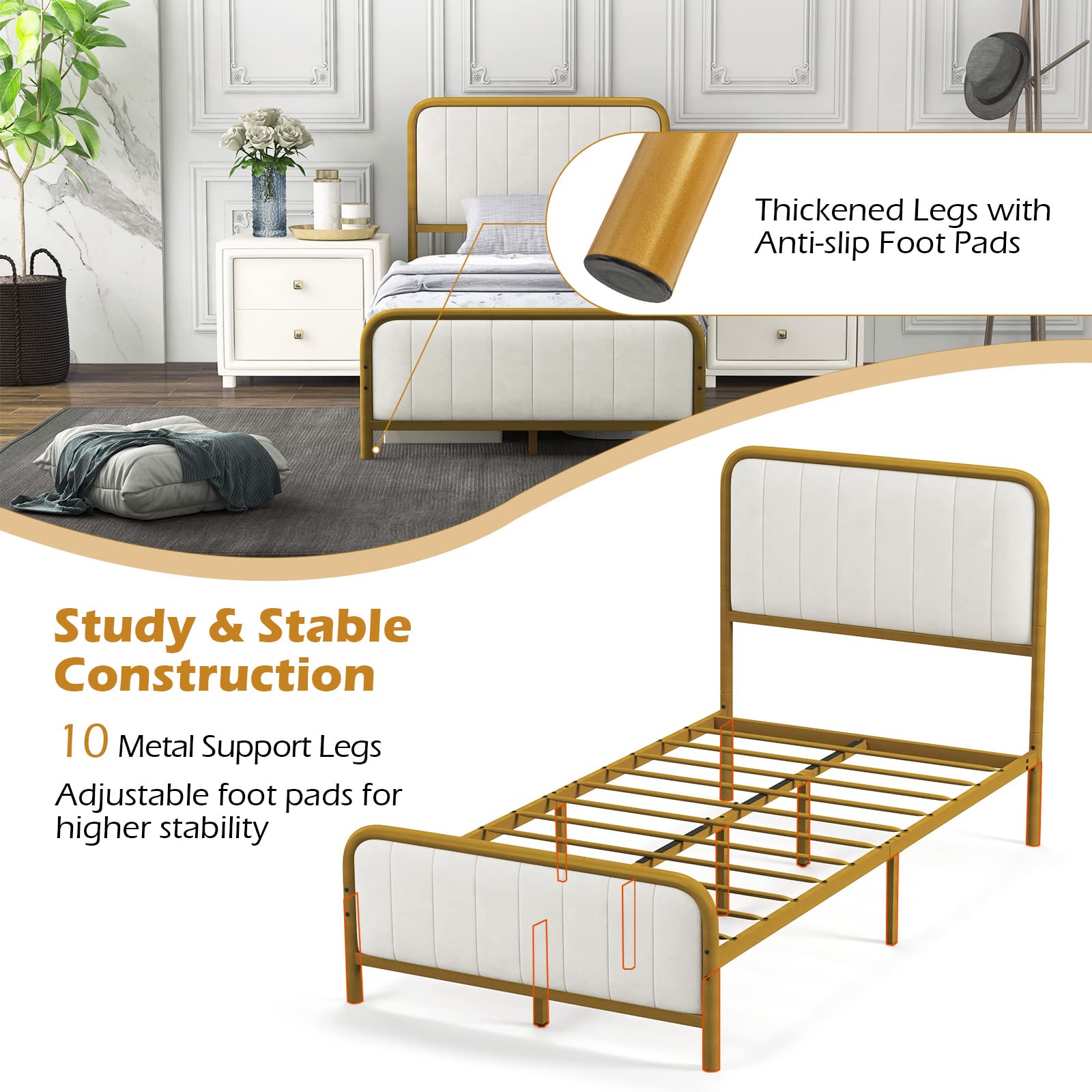 Gold Metal Bed Frame, Heavy-Duty Metal Mattress Foundation with Velvet Headboard and Footboard