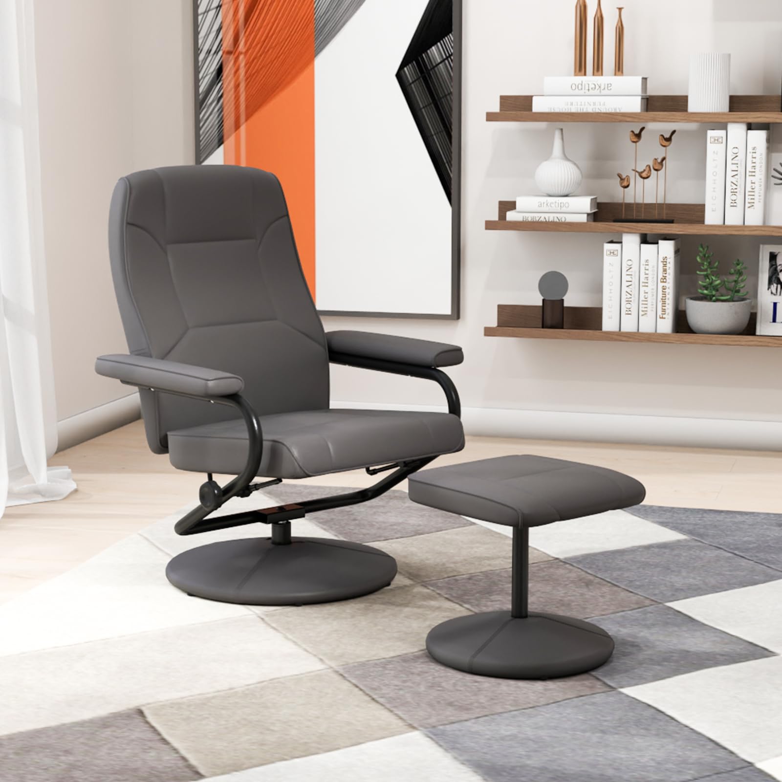 Recliner Chair with Ottoman, 360&deg; Swivel Faux Leather Reclining Chair w/Adjustable Backrest, Footrest