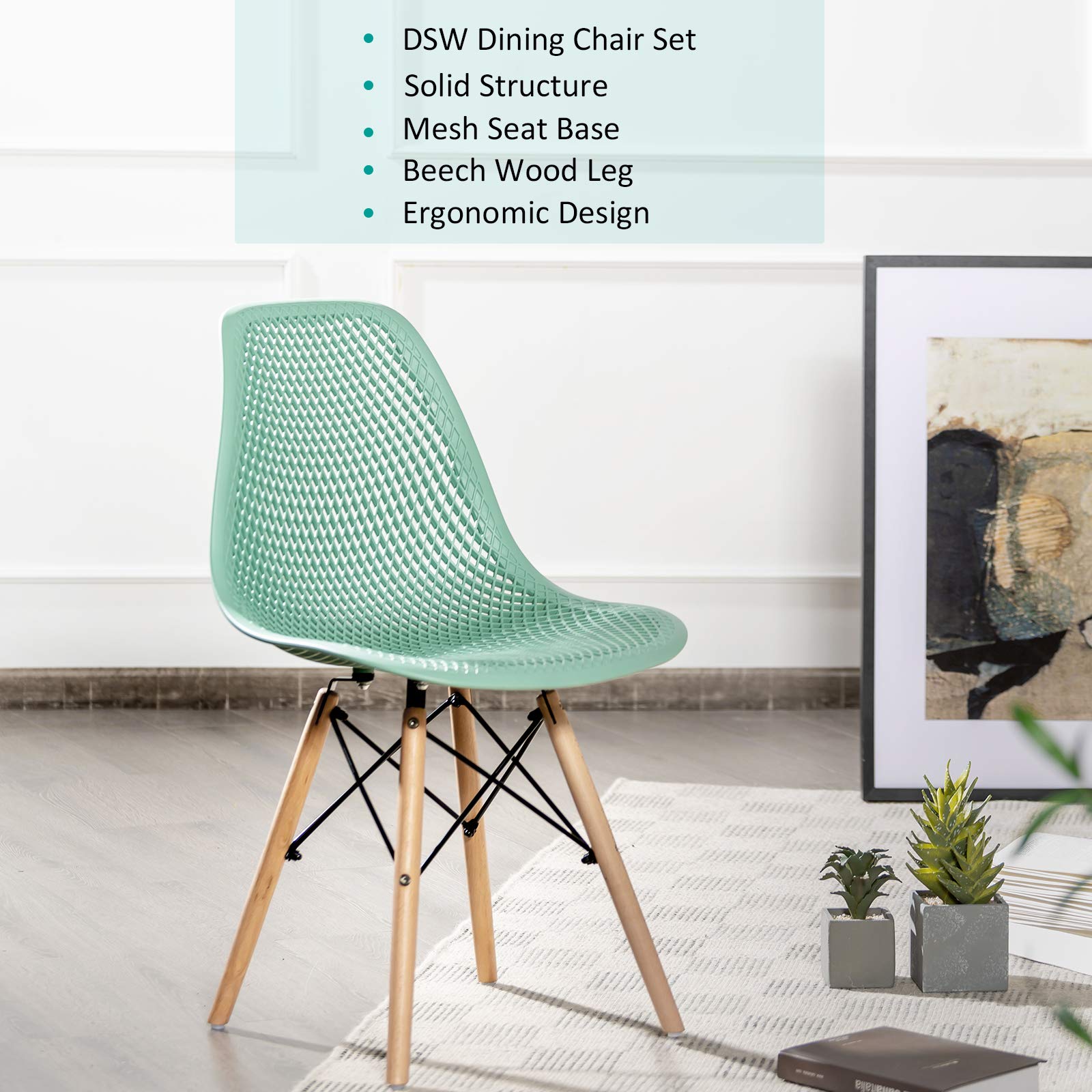 Set of 2/4 Modern Dining Chairs, Outdoor Indoor Shell PP Lounge Side Chairs with Mesh Design, Beech Wood Legs