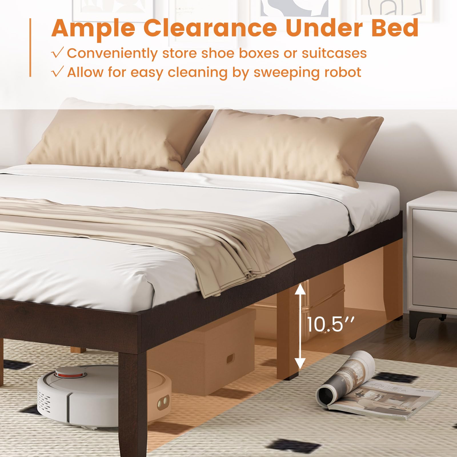 Wood Platform Bed Frame, 14 Inches Wooden Mattress Foundation with Solid Rubber Wood Legs
