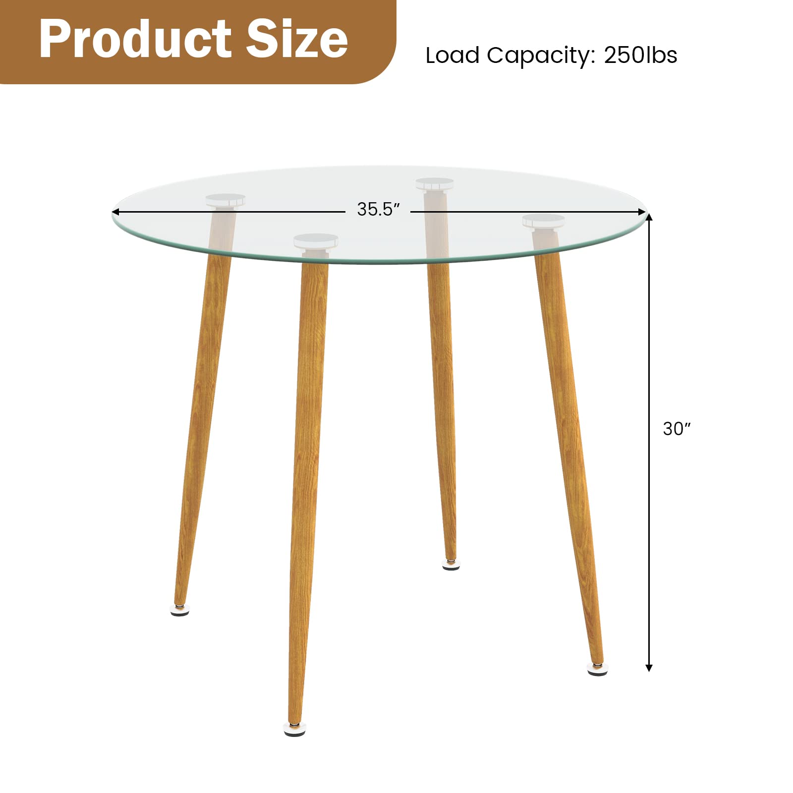Round Glass Dining Table, 35.5" D x 30" H Kitchen Dinner Table w/Tempered Glass Tabletop & Metal Legs